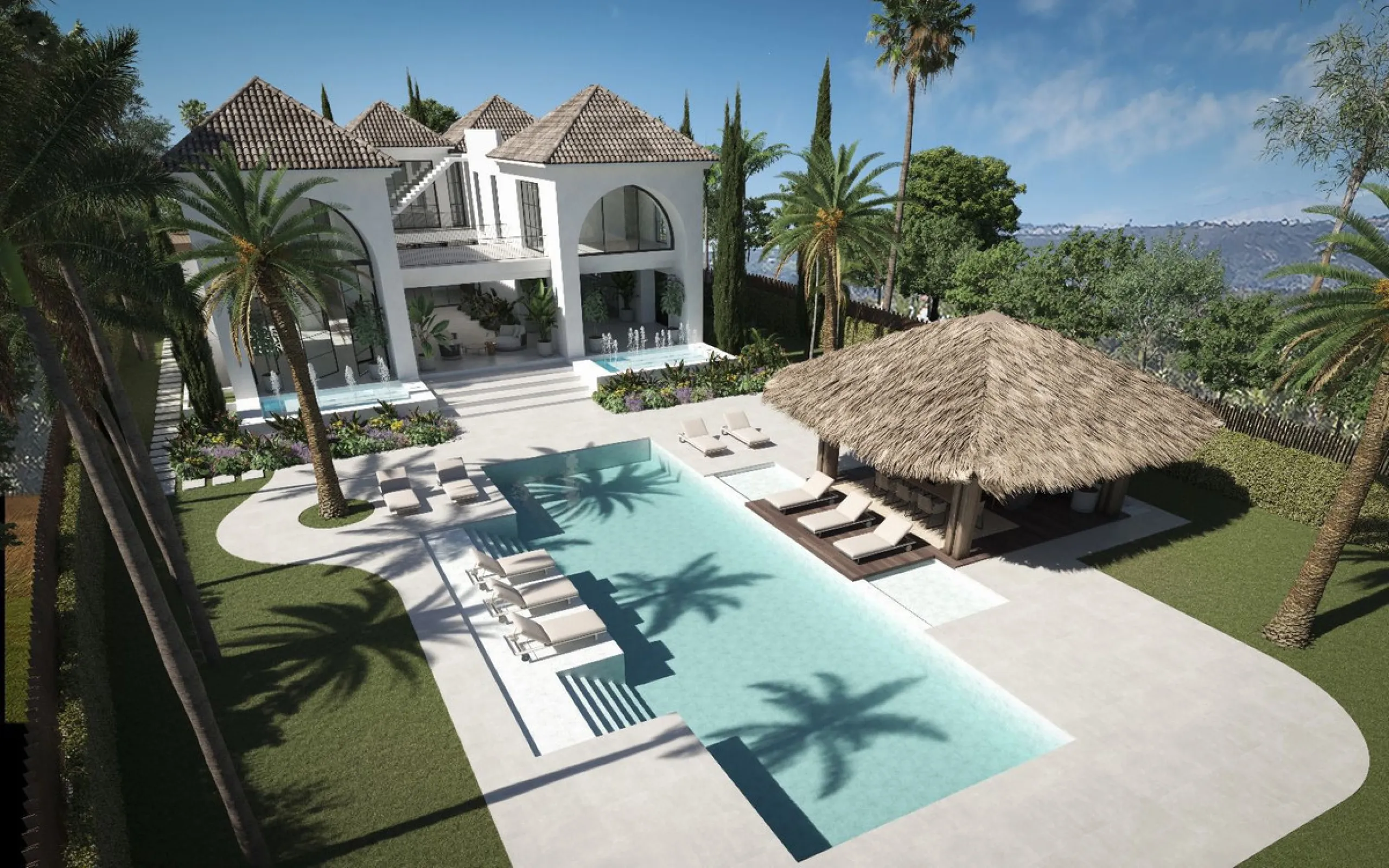 A villa project in Nueva Andalucía set on a 2,273 m² plot with 1,038 m² built, designed with 6 to 8 bedrooms, 6+2 bathrooms, a double-height central living space, and a flexible lower level ready to be defined.
