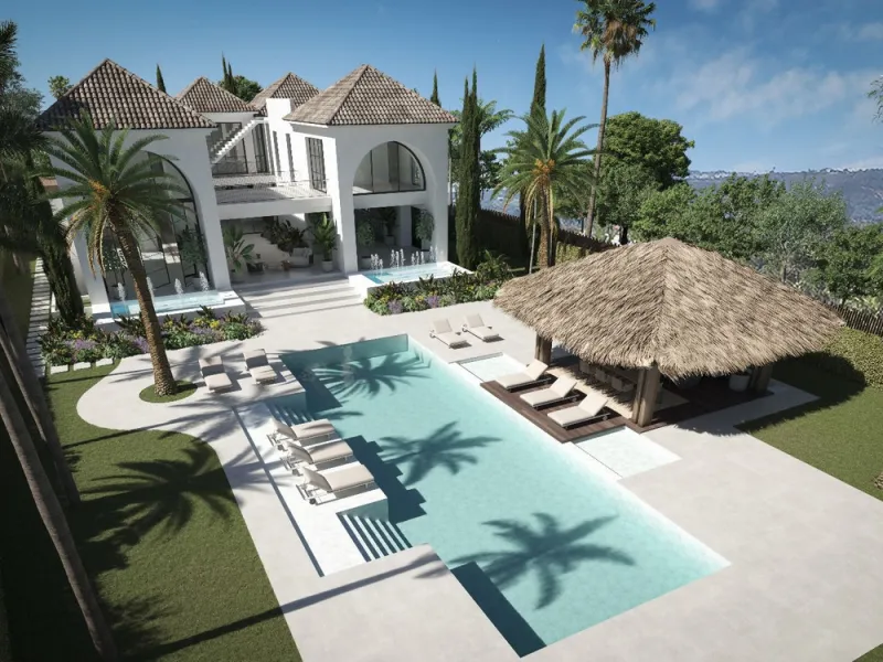 A villa project in Nueva Andalucía set on a 2,273 m² plot with 1,038 m² built, designed with 6 to 8 bedrooms, 6+2 bathrooms, a double-height central living space, and a flexible lower level ready to be defined.