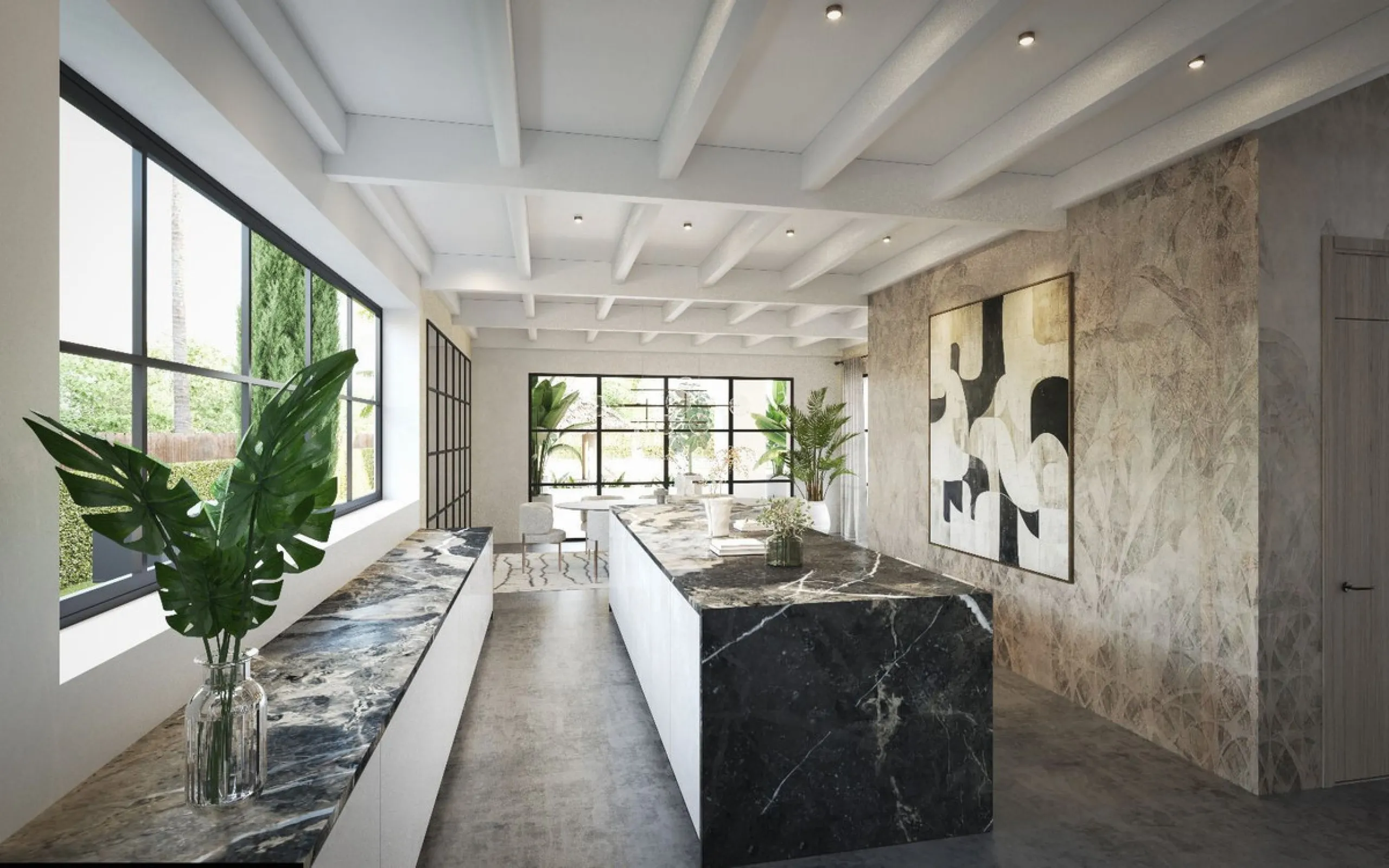A villa project in Nueva Andalucía set on a 2,273 m² plot with 1,038 m² built, designed with 6 to 8 bedrooms, 6+2 bathrooms, a double-height central living space, and a flexible lower level ready to be defined.