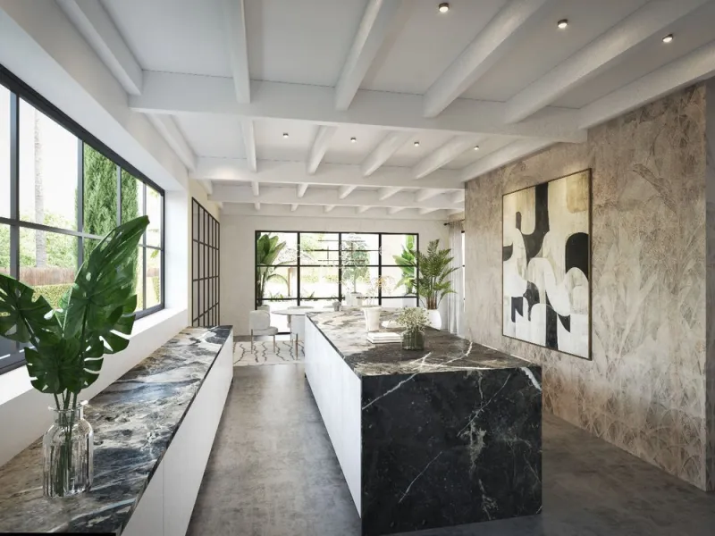 A villa project in Nueva Andalucía set on a 2,273 m² plot with 1,038 m² built, designed with 6 to 8 bedrooms, 6+2 bathrooms, a double-height central living space, and a flexible lower level ready to be defined.