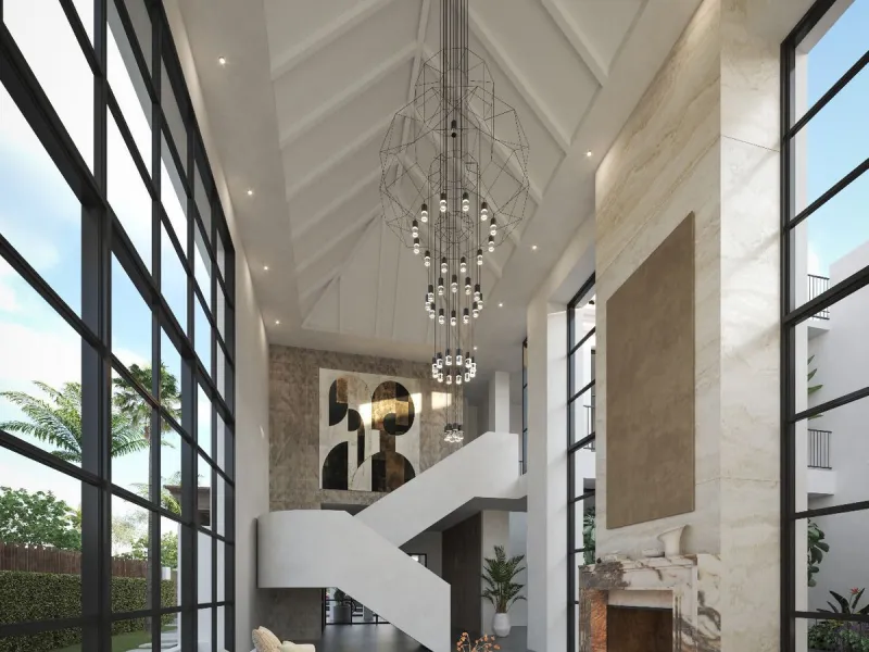 A villa project in Nueva Andalucía set on a 2,273 m² plot with 1,038 m² built, designed with 6 to 8 bedrooms, 6+2 bathrooms, a double-height central living space, and a flexible lower level ready to be defined.