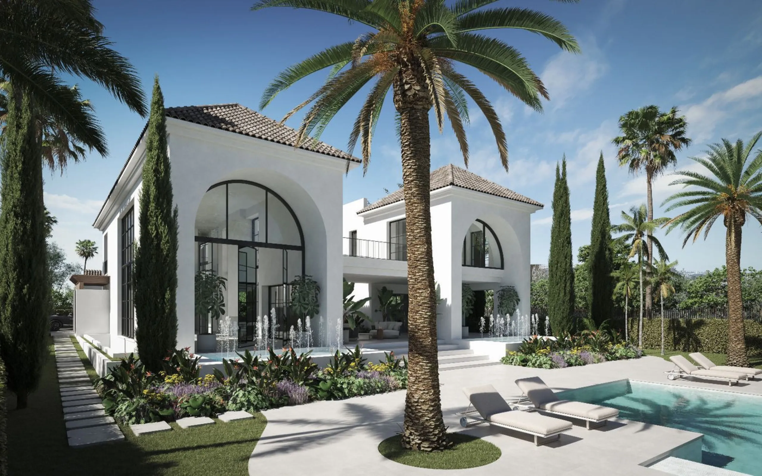 A villa project in Nueva Andalucía set on a 2,273 m² plot with 1,038 m² built, designed with 6 to 8 bedrooms, 6+2 bathrooms, a double-height central living space, and a flexible lower level ready to be defined.