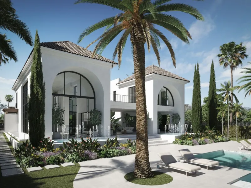 A villa project in Nueva Andalucía set on a 2,273 m² plot with 1,038 m² built, designed with 6 to 8 bedrooms, 6+2 bathrooms, a double-height central living space, and a flexible lower level ready to be defined.