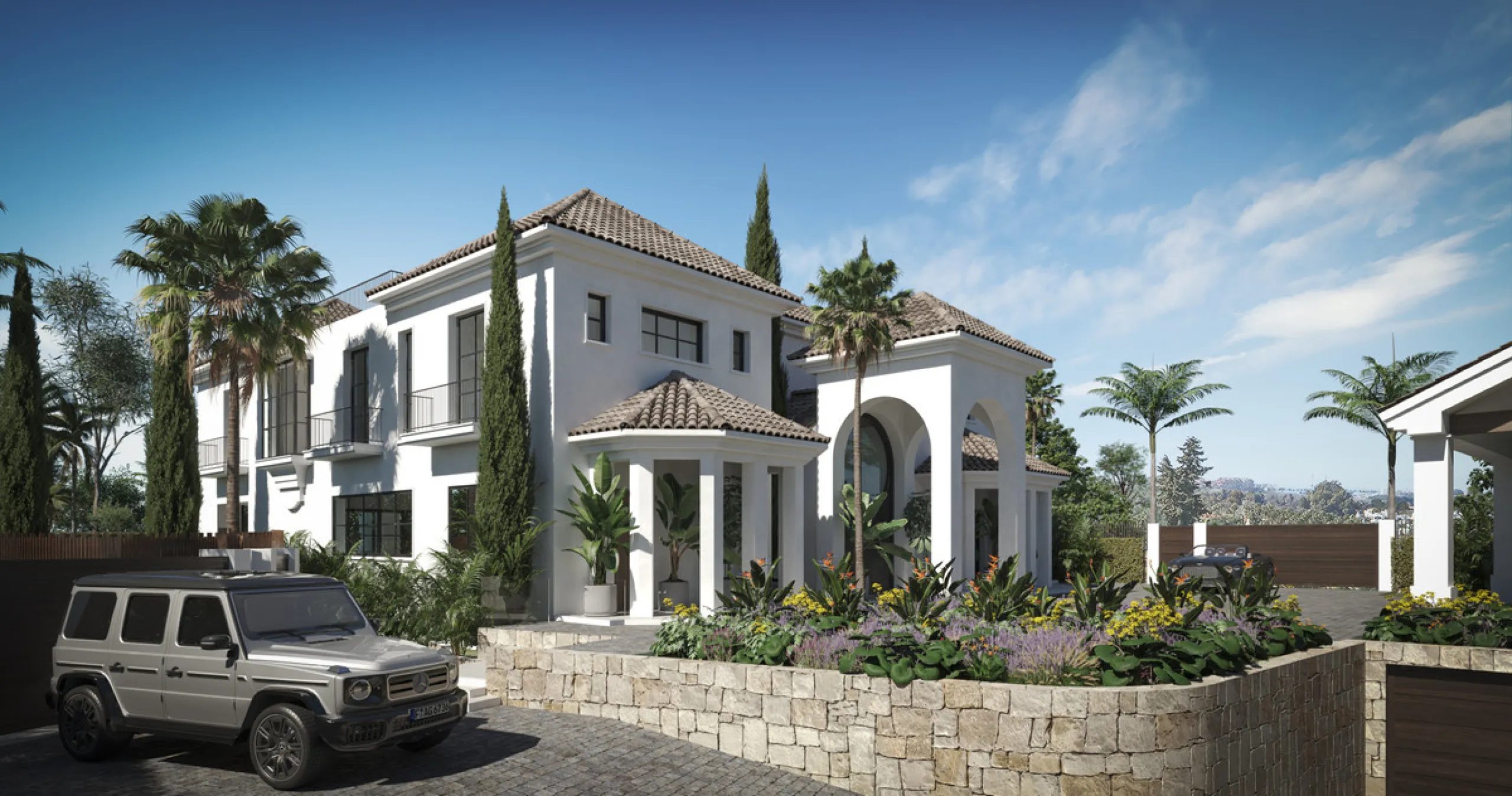 A villa project in Nueva Andalucía set on a 2,273 m² plot with 1,038 m² built, designed with 6 to 8 bedrooms, 6+2 bathrooms, a double-height central living space, and a flexible lower level ready to be defined.