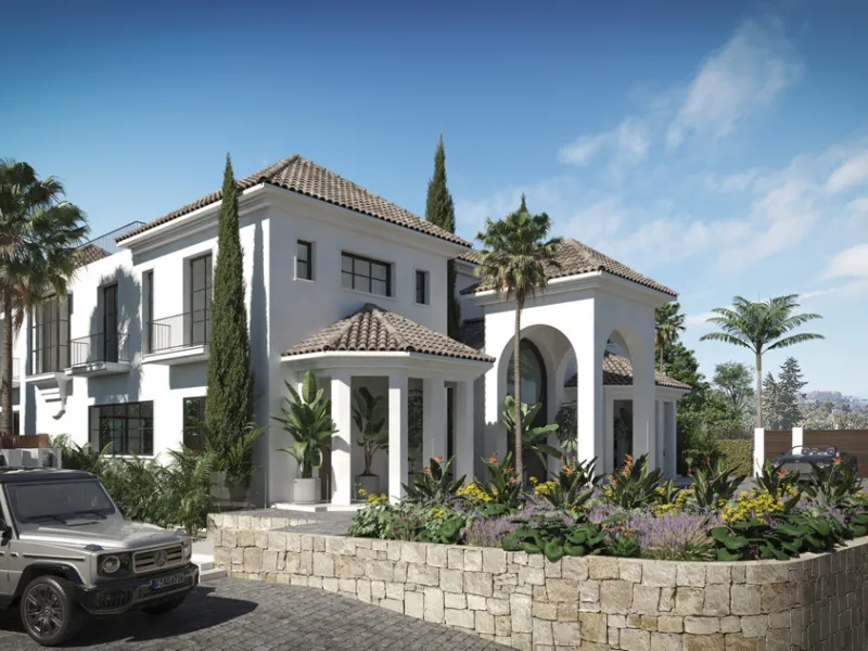 A villa project in Nueva Andalucía set on a 2,273 m² plot with 1,038 m² built, designed with 6 to 8 bedrooms, 6+2 bathrooms, a double-height central living space, and a flexible lower level ready to be defined.