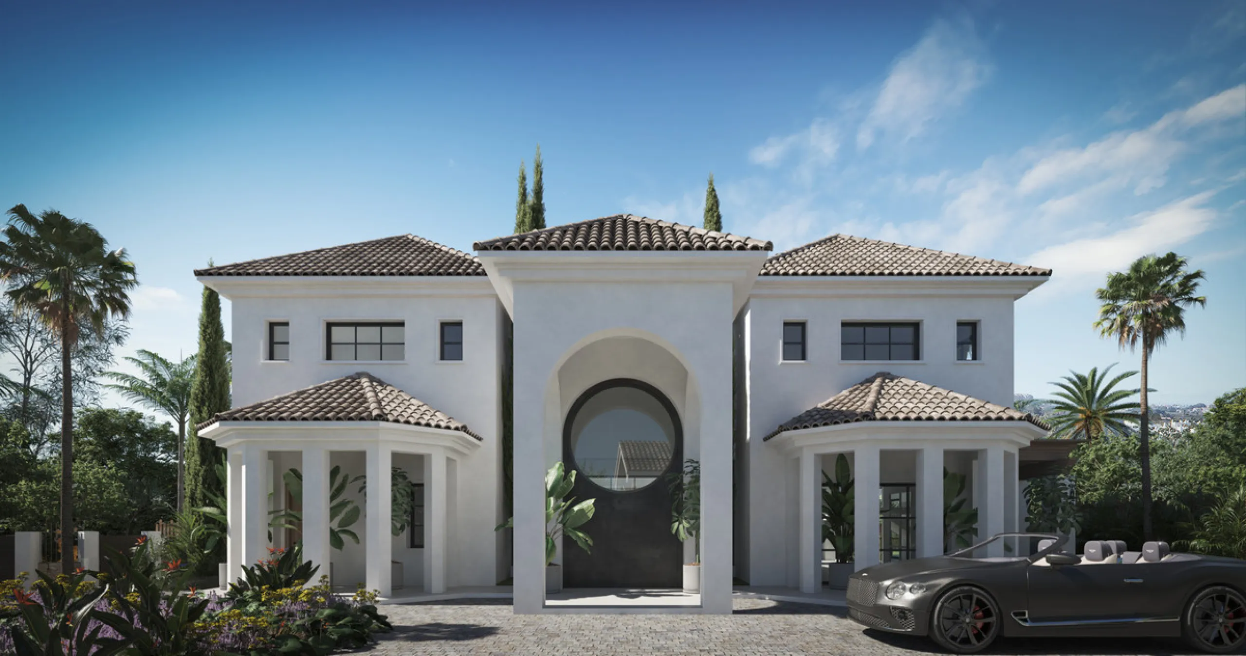 A villa project in Nueva Andalucía set on a 2,273 m² plot with 1,038 m² built, designed with 6 to 8 bedrooms, 6+2 bathrooms, a double-height central living space, and a flexible lower level ready to be defined.