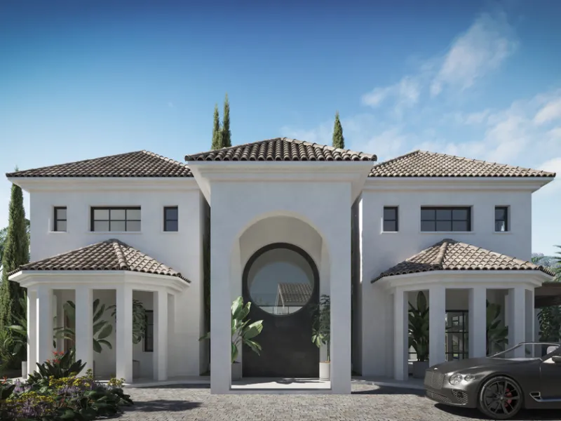 A villa project in Nueva Andalucía set on a 2,273 m² plot with 1,038 m² built, designed with 6 to 8 bedrooms, 6+2 bathrooms, a double-height central living space, and a flexible lower level ready to be defined.