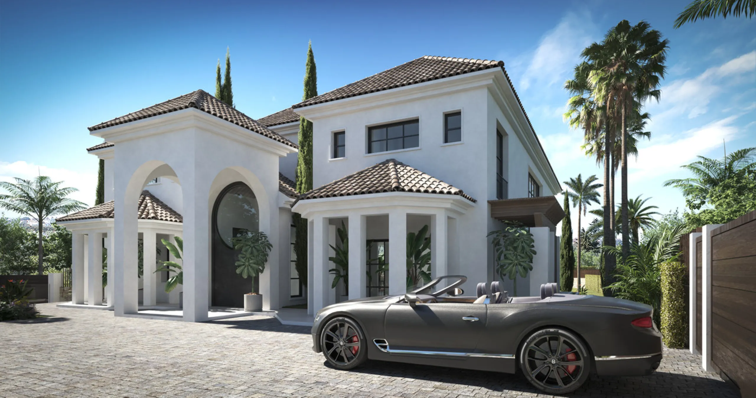 A villa project in Nueva Andalucía set on a 2,273 m² plot with 1,038 m² built, designed with 6 to 8 bedrooms, 6+2 bathrooms, a double-height central living space, and a flexible lower level ready to be defined.