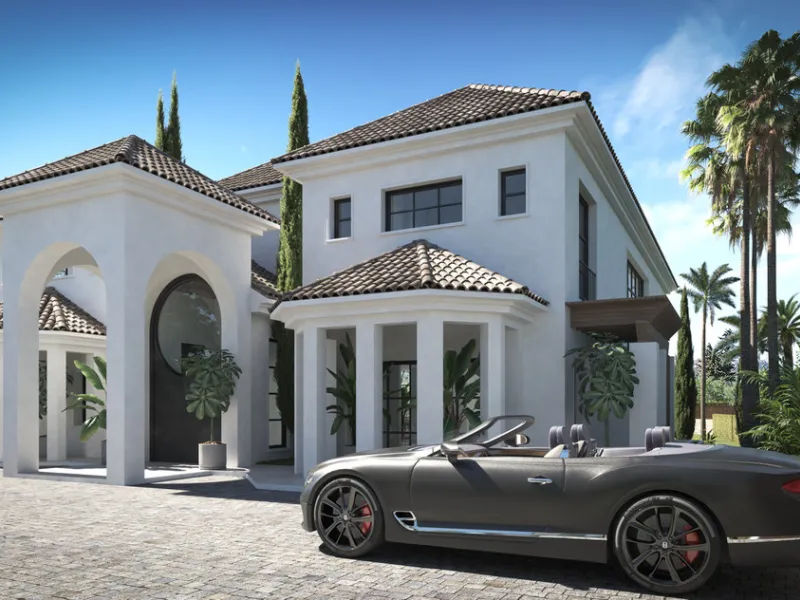 A villa project in Nueva Andalucía set on a 2,273 m² plot with 1,038 m² built, designed with 6 to 8 bedrooms, 6+2 bathrooms, a double-height central living space, and a flexible lower level ready to be defined.