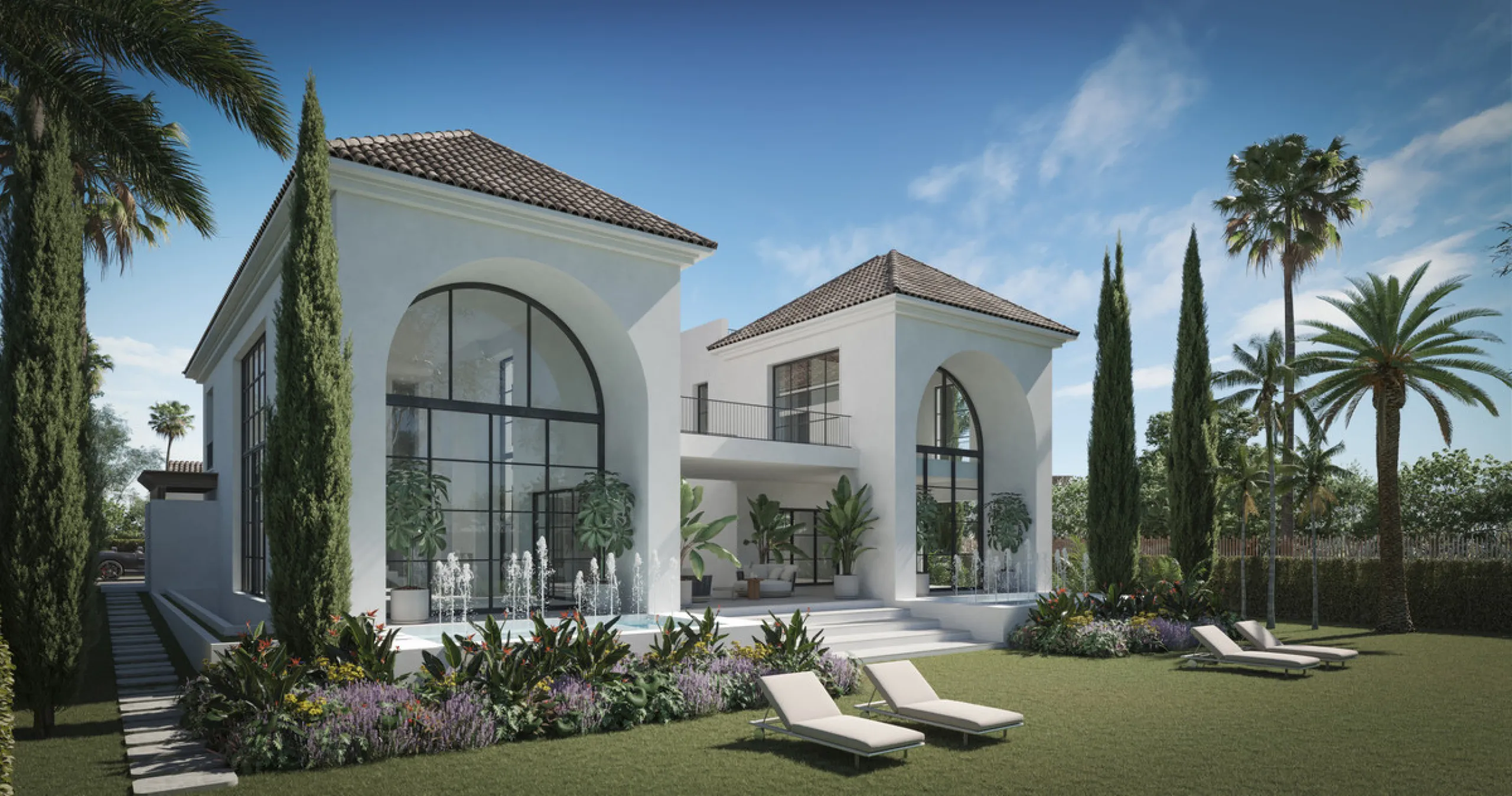 A villa project in Nueva Andalucía set on a 2,273 m² plot with 1,038 m² built, designed with 6 to 8 bedrooms, 6+2 bathrooms, a double-height central living space, and a flexible lower level ready to be defined.