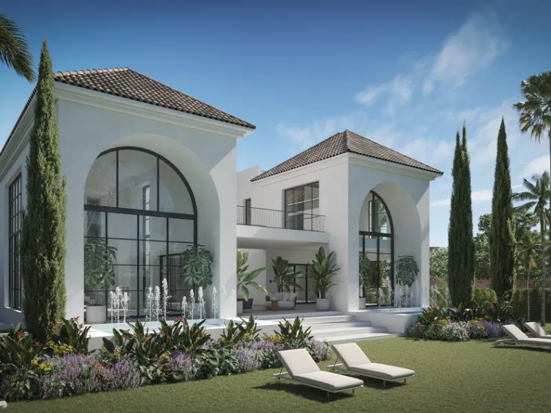 A villa project in Nueva Andalucía set on a 2,273 m² plot with 1,038 m² built, designed with 6 to 8 bedrooms, 6+2 bathrooms, a double-height central living space, and a flexible lower level ready to be defined.