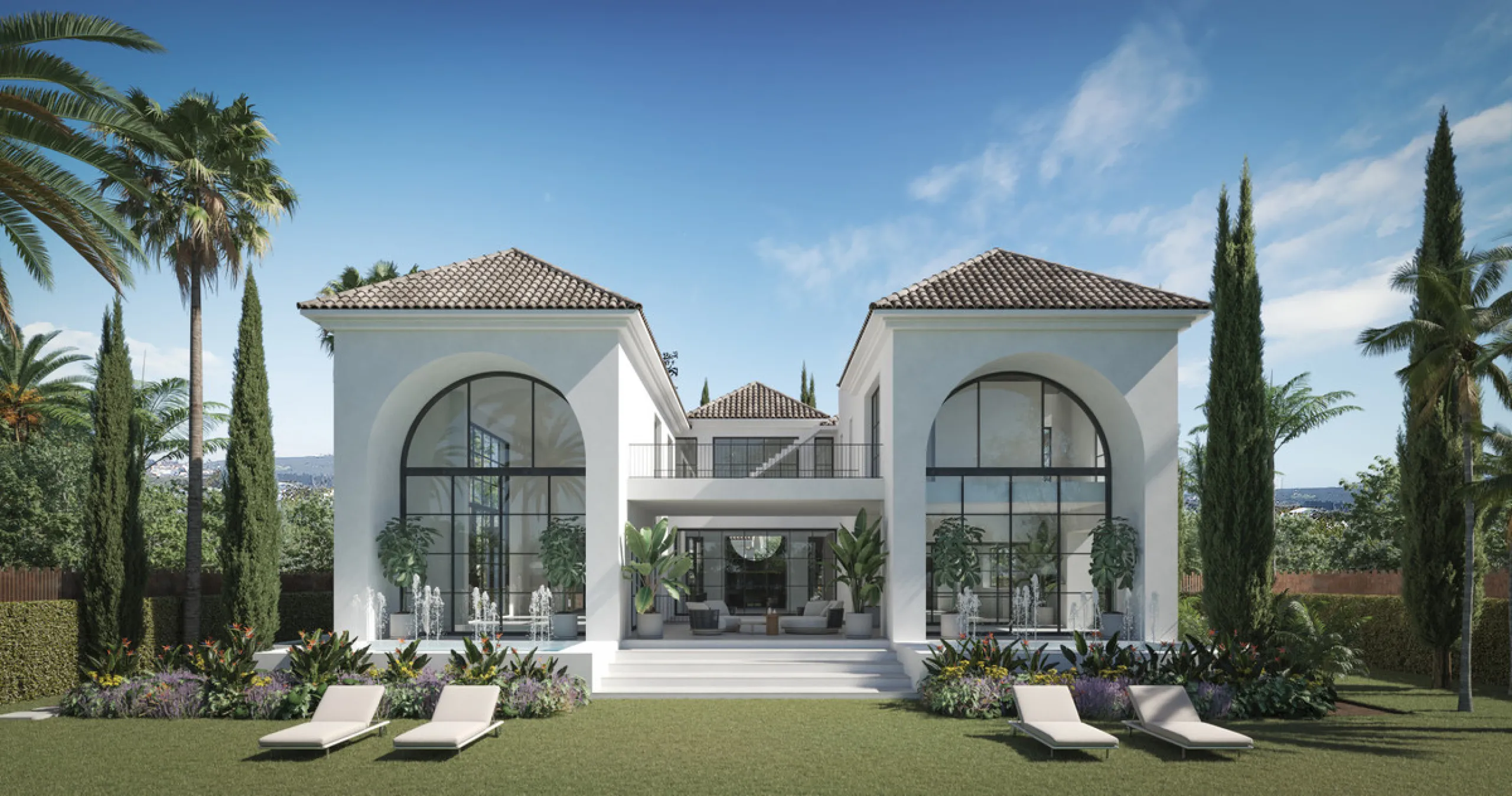 A villa project in Nueva Andalucía set on a 2,273 m² plot with 1,038 m² built, designed with 6 to 8 bedrooms, 6+2 bathrooms, a double-height central living space, and a flexible lower level ready to be defined.