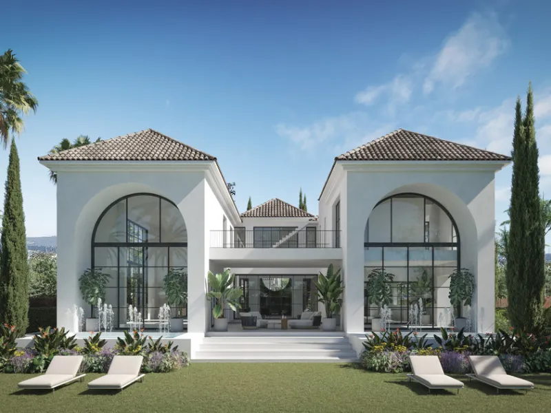 A villa project in Nueva Andalucía set on a 2,273 m² plot with 1,038 m² built, designed with 6 to 8 bedrooms, 6+2 bathrooms, a double-height central living space, and a flexible lower level ready to be defined.