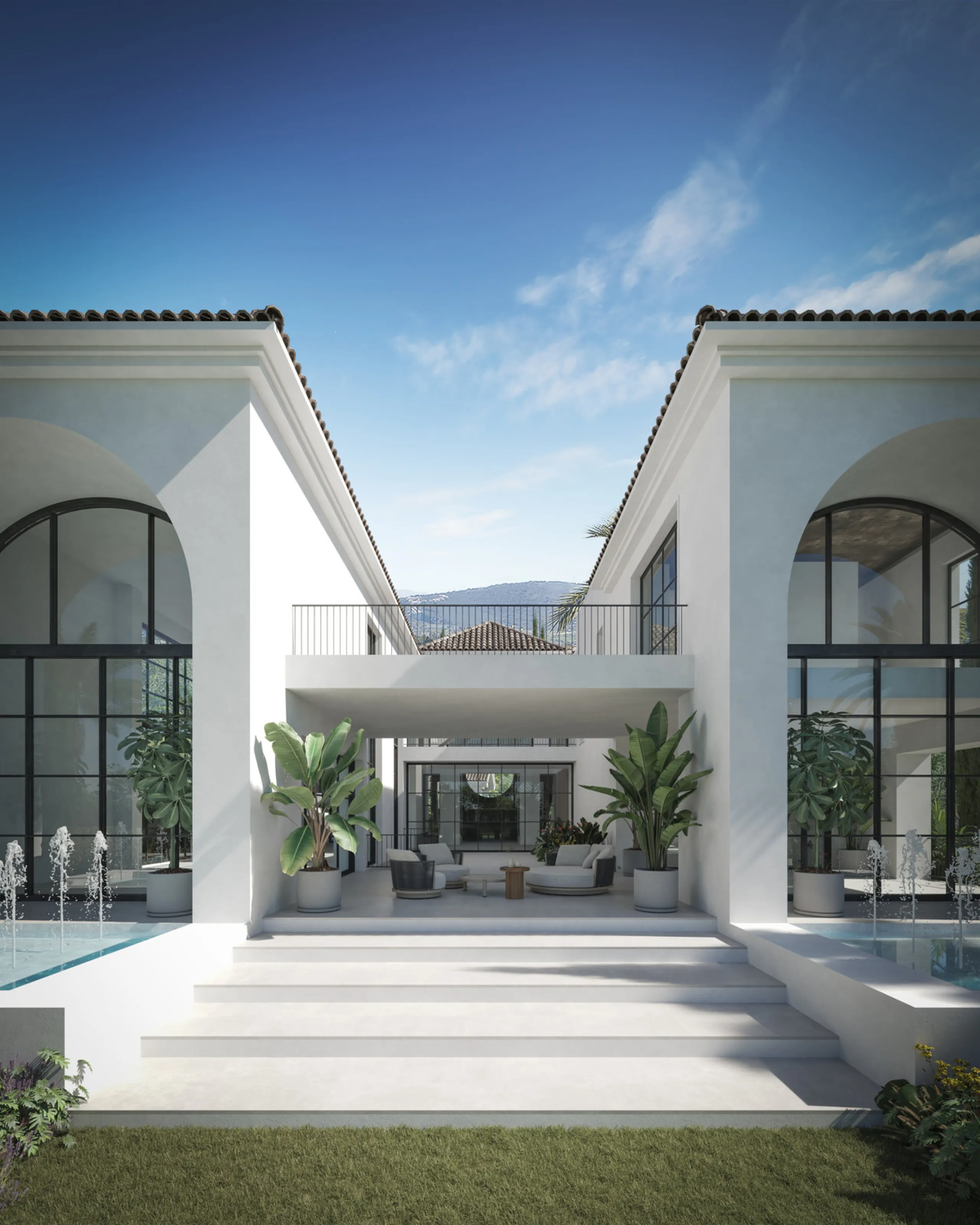 A villa project in Nueva Andalucía set on a 2,273 m² plot with 1,038 m² built, designed with 6 to 8 bedrooms, 6+2 bathrooms, a double-height central living space, and a flexible lower level ready to be defined.