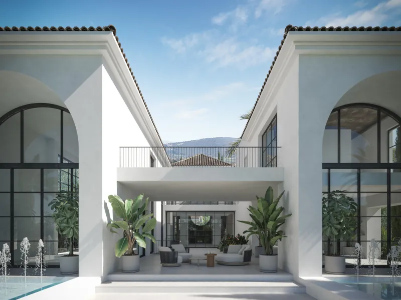 A villa project in Nueva Andalucía set on a 2,273 m² plot with 1,038 m² built, designed with 6 to 8 bedrooms, 6+2 bathrooms, a double-height central living space, and a flexible lower level ready to be defined.