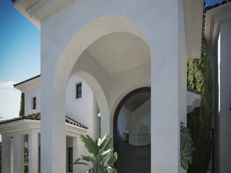 A villa project in Nueva Andalucía set on a 2,273 m² plot with 1,038 m² built, designed with 6 to 8 bedrooms, 6+2 bathrooms, a double-height central living space, and a flexible lower level ready to be defined.