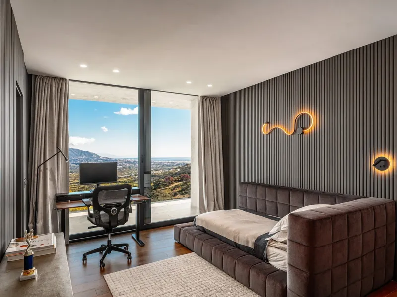 Perched on the coast, in the tranquil hills of La Mairena, this contemporary villa offers a balanced blend of architectural elegance, privacy, and expansive views of the Mediterranean. Surrounded by protected natural landscapes, the residence enjoys a ser