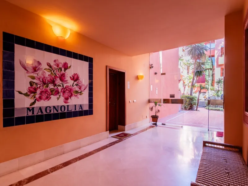 An apartment with 3 bedrooms, 2 bathrooms, a spacious living room, and a new kitchen with a dining area overlooking a beautiful garden with a fountain. The property is located in a unique, lush residential community where the views from the terrace and wi