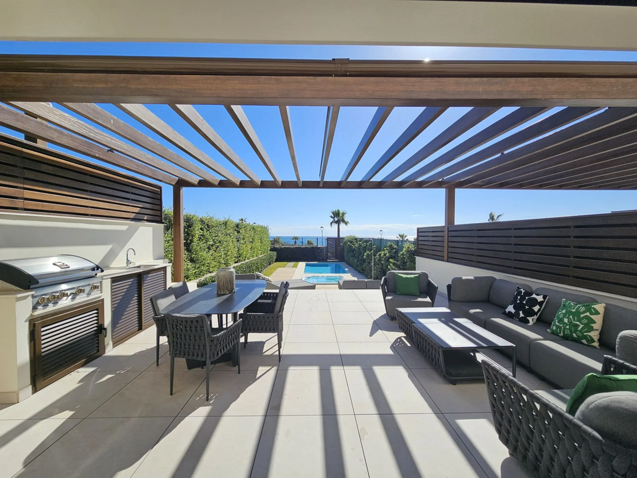 This beautiful house is located in an enviable beachfront position within the prestigious Velaya development on the New Golden Mile, offering breathtaking sea views and direct access to the beach.