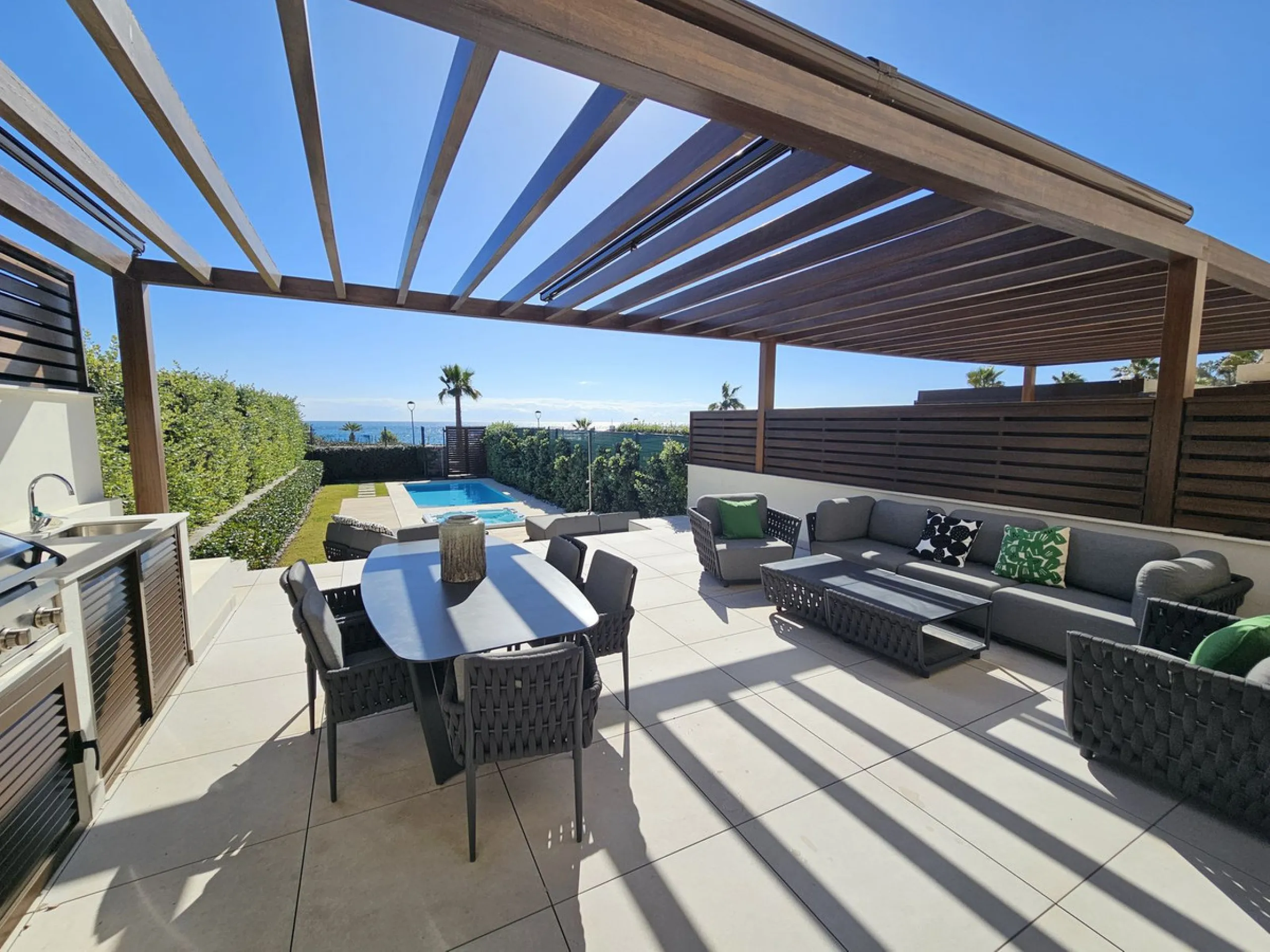 This beautiful house is located in an enviable beachfront position within the prestigious Velaya development on the New Golden Mile, offering breathtaking sea views and direct access to the beach.