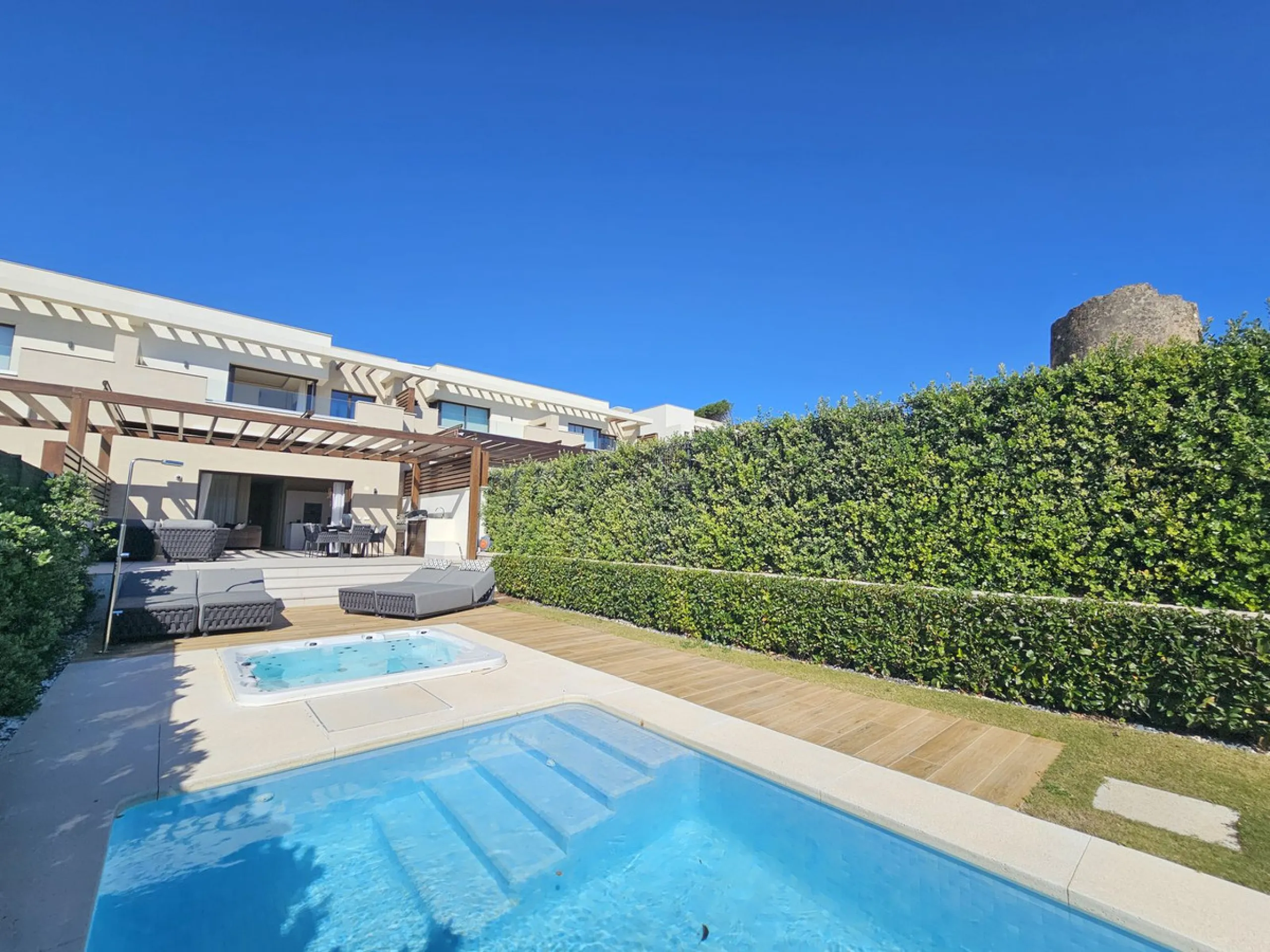 This beautiful house is located in an enviable beachfront position within the prestigious Velaya development on the New Golden Mile, offering breathtaking sea views and direct access to the beach.