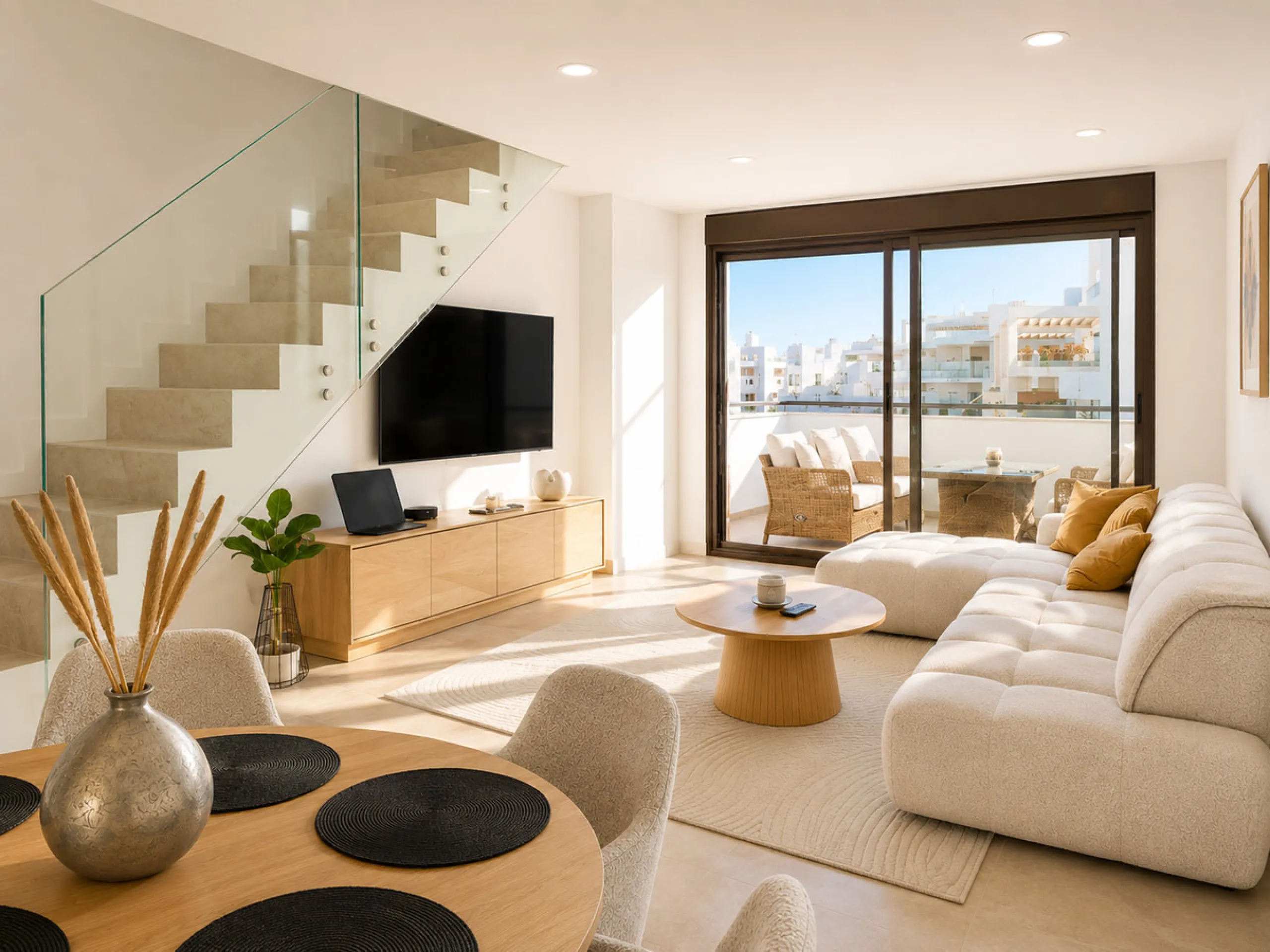 This ready to move in duplex penthouse, set within a modern community in Las Mesas of Estepona Port area, stands out for its impressive solarium with panoramic sea views. Built in 2025, the property offers a contemporary lifestyle in a sought-after locati