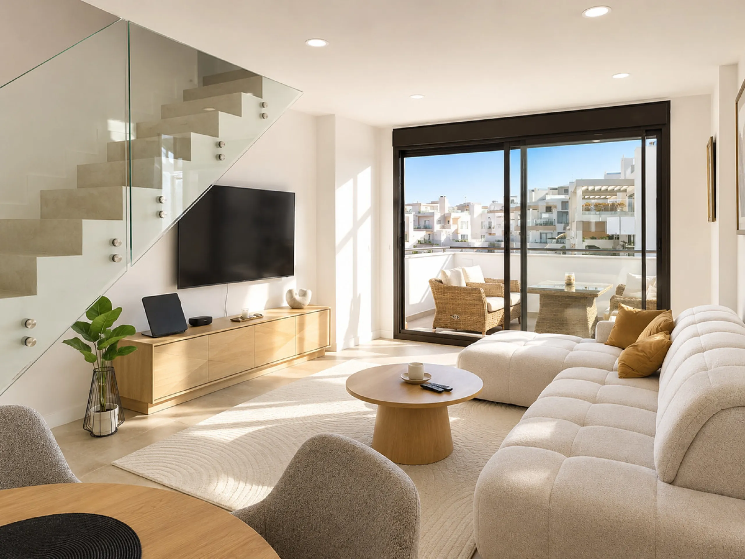 This ready to move in duplex penthouse, set within a modern community in Las Mesas of Estepona Port area, stands out for its impressive solarium with panoramic sea views. Built in 2025, the property offers a contemporary lifestyle in a sought-after locati