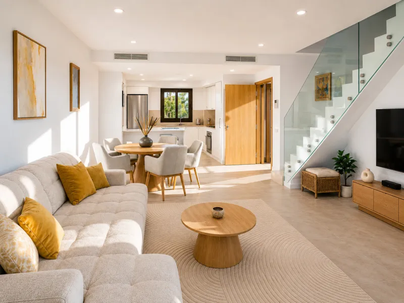 This ready to move in duplex penthouse, set within a modern community in Las Mesas of Estepona Port area, stands out for its impressive solarium with panoramic sea views. Built in 2025, the property offers a contemporary lifestyle in a sought-after locati