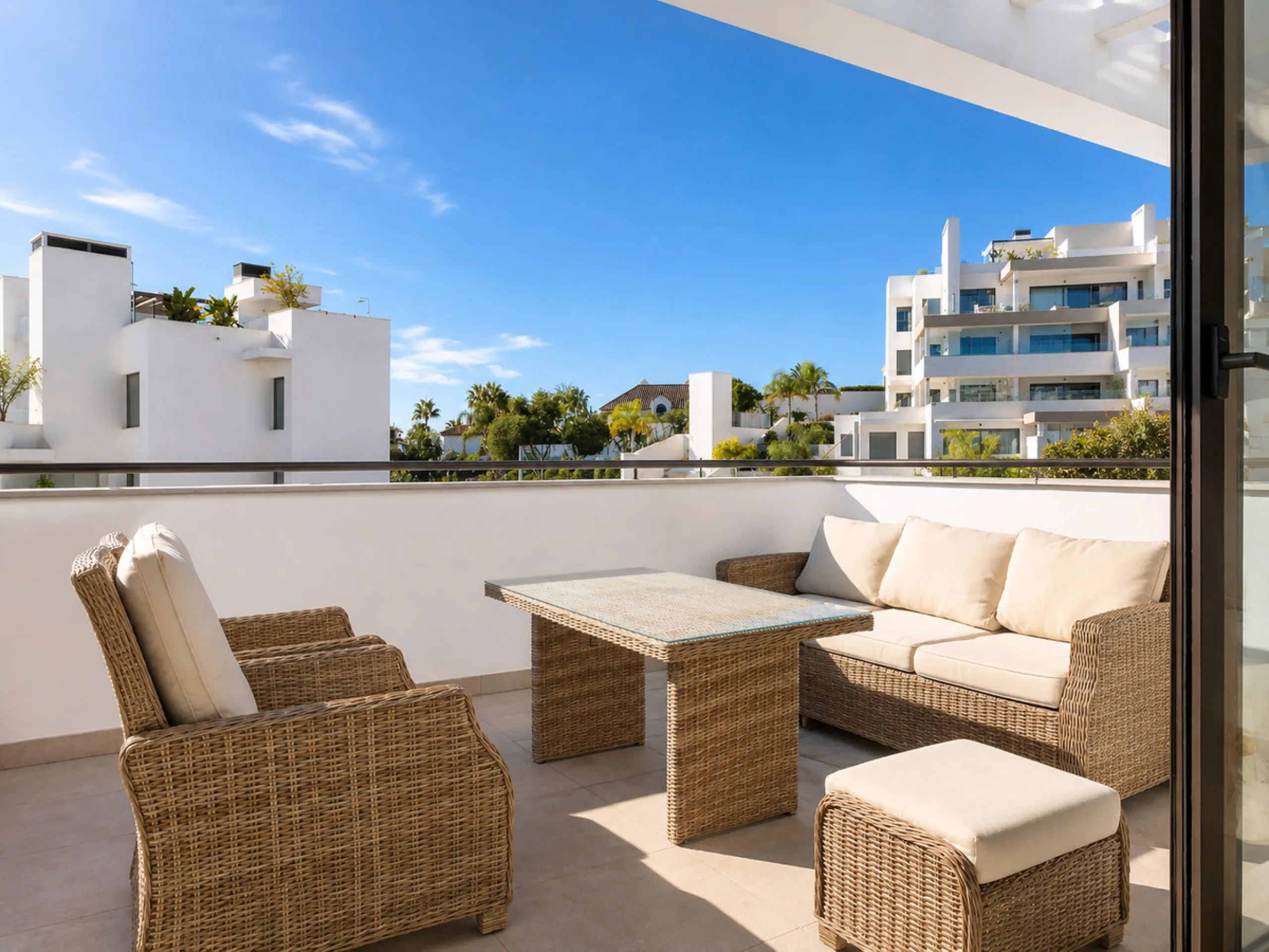This ready to move in duplex penthouse, set within a modern community in Las Mesas of Estepona Port area, stands out for its impressive solarium with panoramic sea views. Built in 2025, the property offers a contemporary lifestyle in a sought-after locati