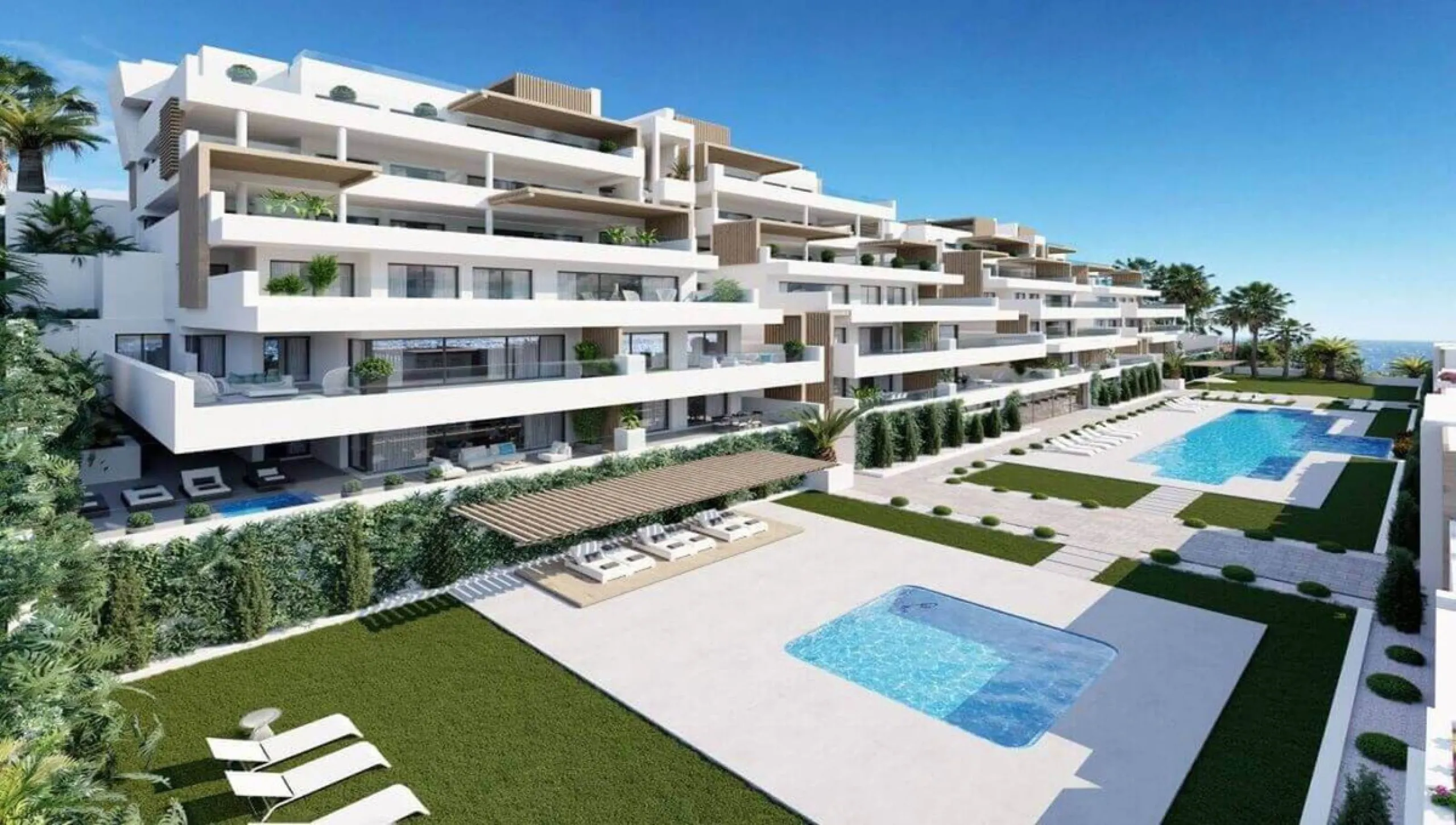 Modern three-bedroom apartment with exceptional terrace, gym, and pool area.