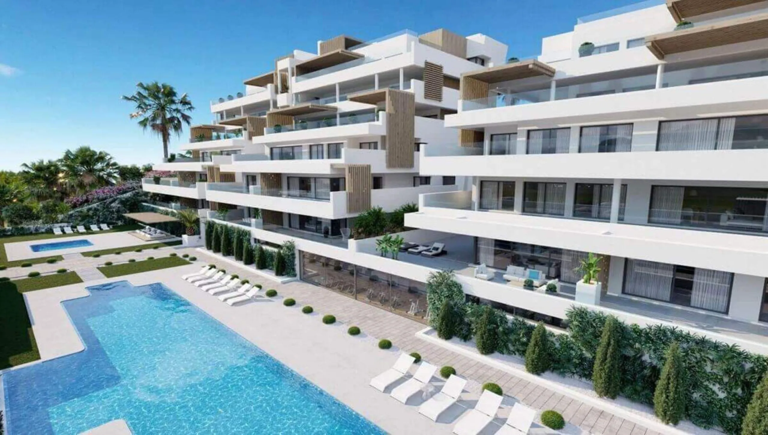 Modern three-bedroom apartment with exceptional terrace, gym, and pool area.