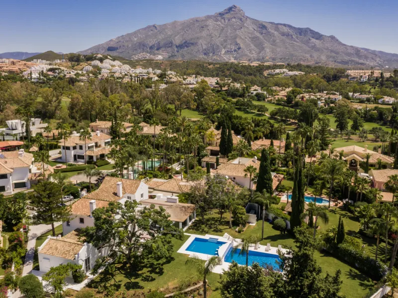 Villa Hermosa in La Cerquilla sits on a generous 2,671 m² plot and offers six spacious bedrooms, blending elegant interiors with inviting outdoor spaces. Across from the bedroom wing is a lush vertical wall garden, ensuring every room enjoys a refreshing 