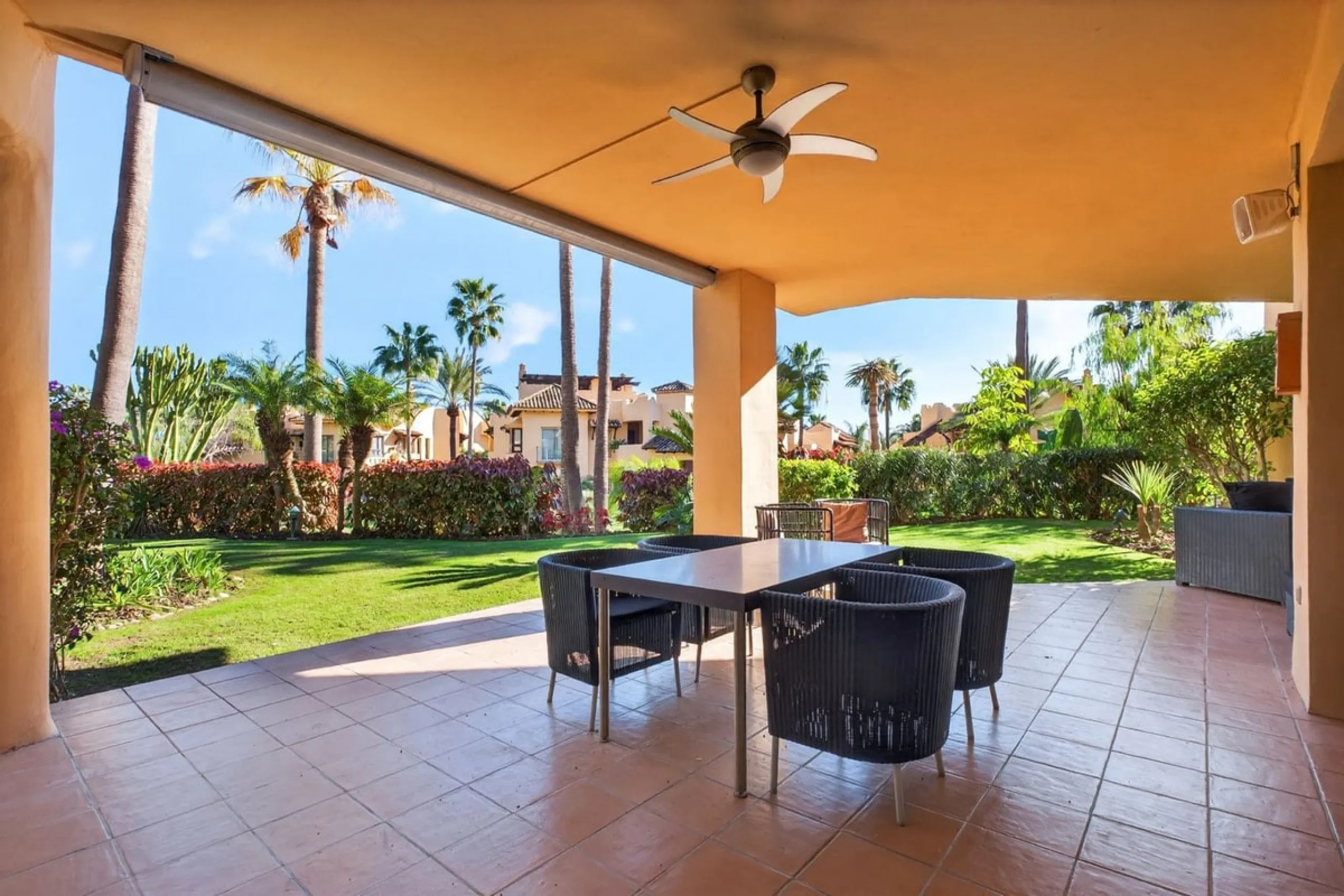This south-east facing garden apartment is located in the well-known gated community of Mansion Club, on Marbella's Golden Mile. The area is valued for its privacy, security, and convenient access to the beach, restaurants, shops, and some of Marbella's m