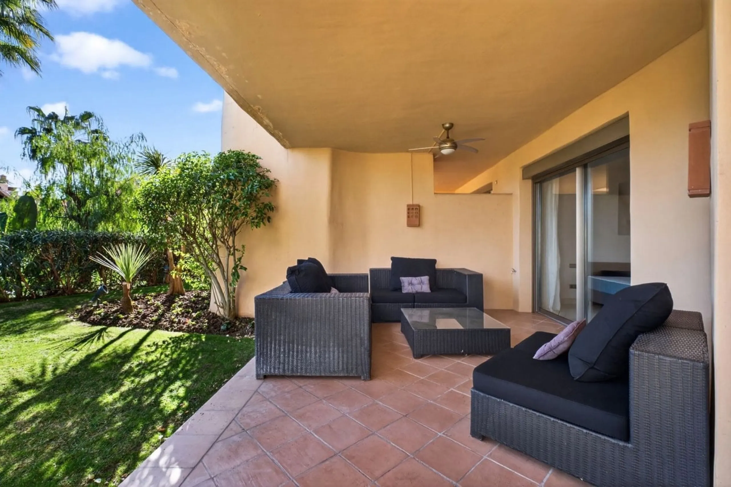 This south-east facing garden apartment is located in the well-known gated community of Mansion Club, on Marbella's Golden Mile. The area is valued for its privacy, security, and convenient access to the beach, restaurants, shops, and some of Marbella's m
