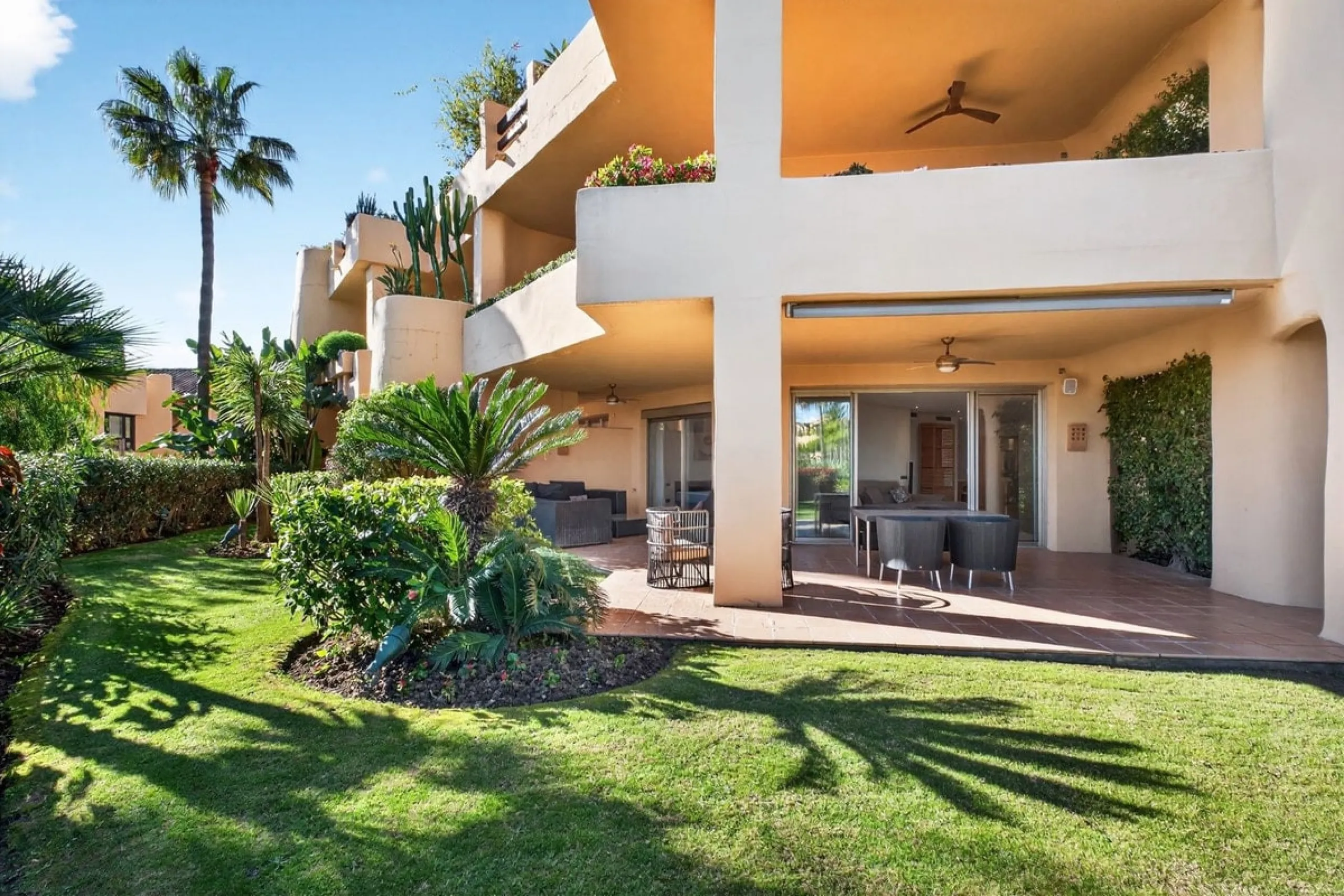 This south-east facing garden apartment is located in the well-known gated community of Mansion Club, on Marbella's Golden Mile. The area is valued for its privacy, security, and convenient access to the beach, restaurants, shops, and some of Marbella's m