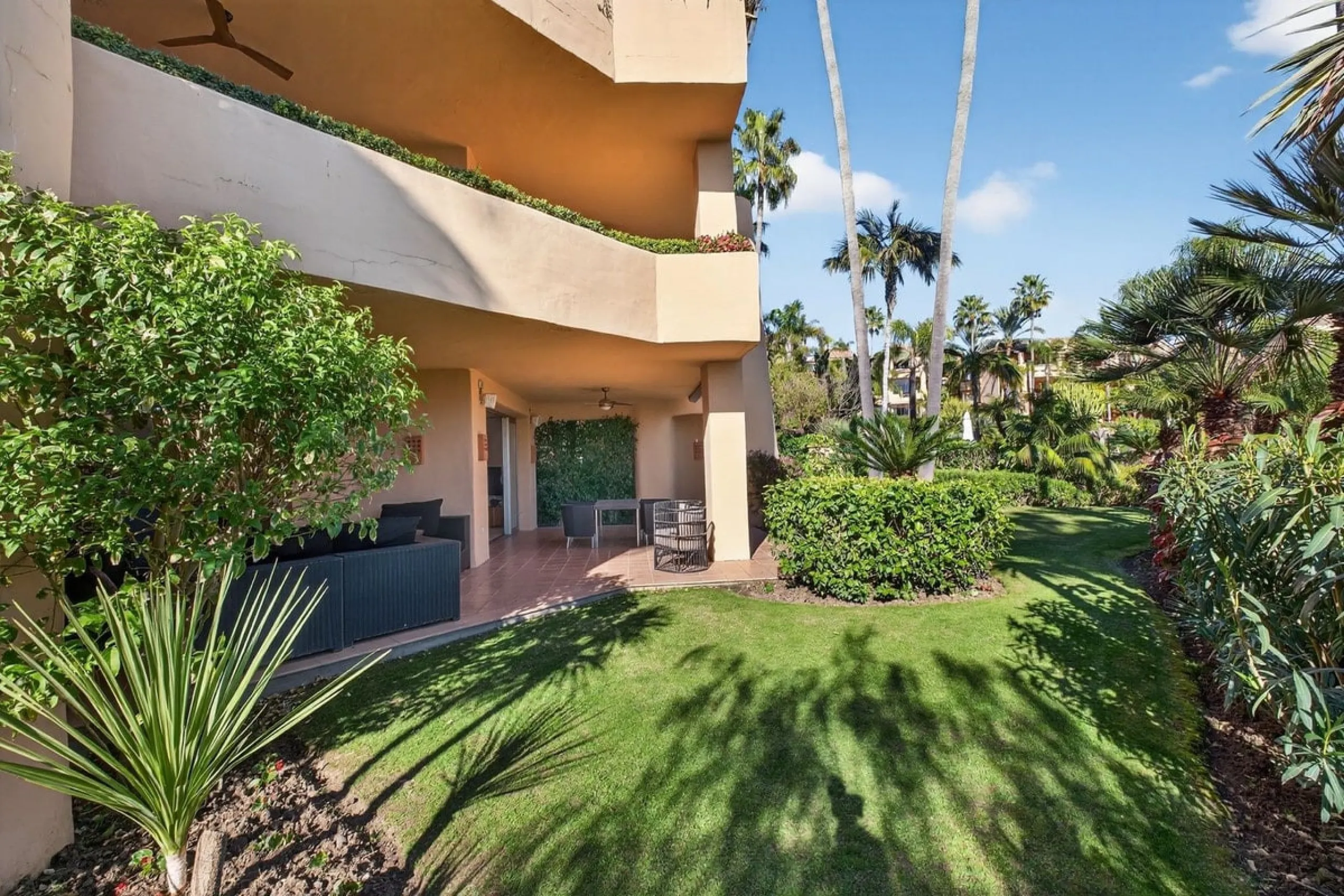 This south-east facing garden apartment is located in the well-known gated community of Mansion Club, on Marbella's Golden Mile. The area is valued for its privacy, security, and convenient access to the beach, restaurants, shops, and some of Marbella's m