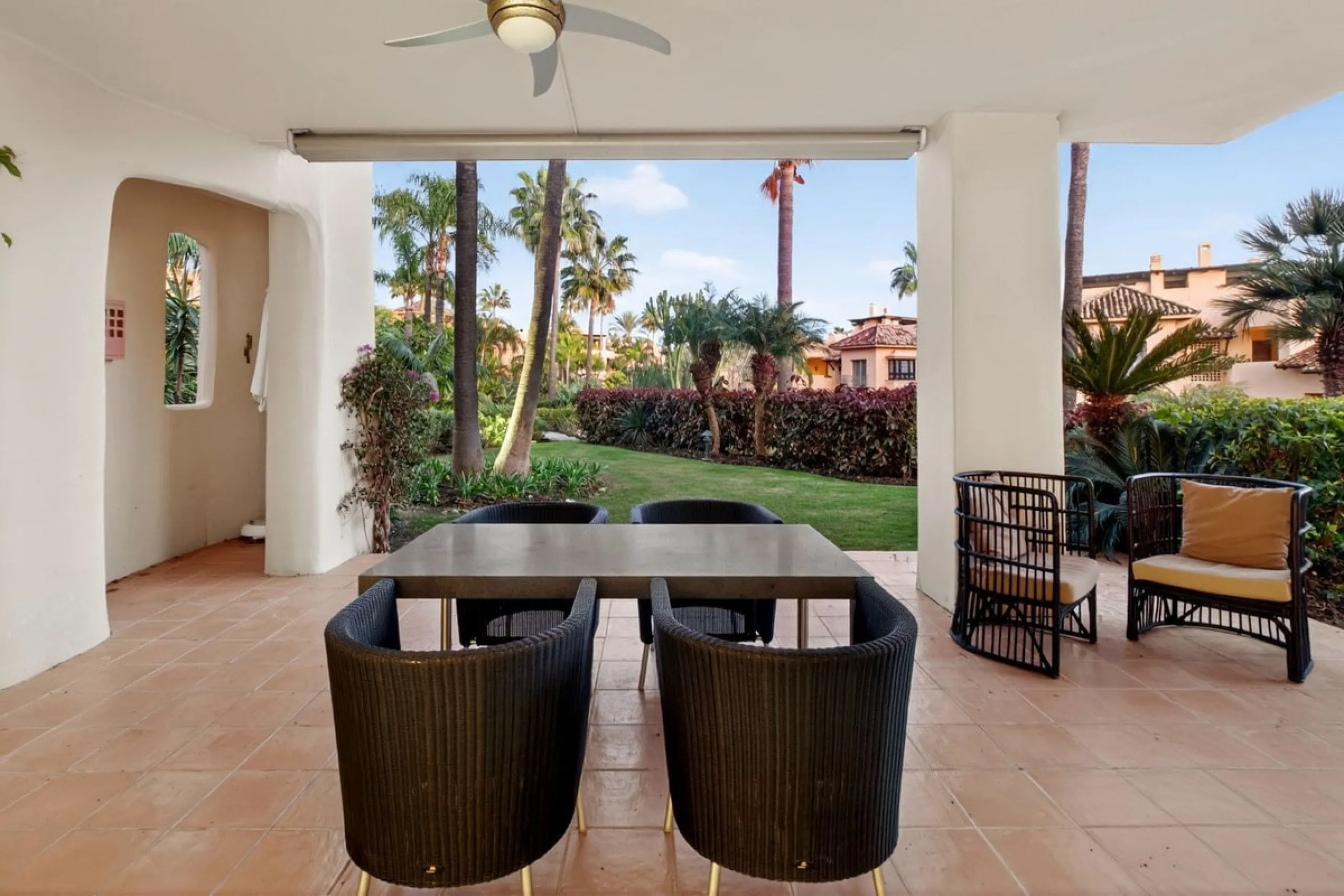 This south-east facing garden apartment is located in the well-known gated community of Mansion Club, on Marbella's Golden Mile. The area is valued for its privacy, security, and convenient access to the beach, restaurants, shops, and some of Marbella's m