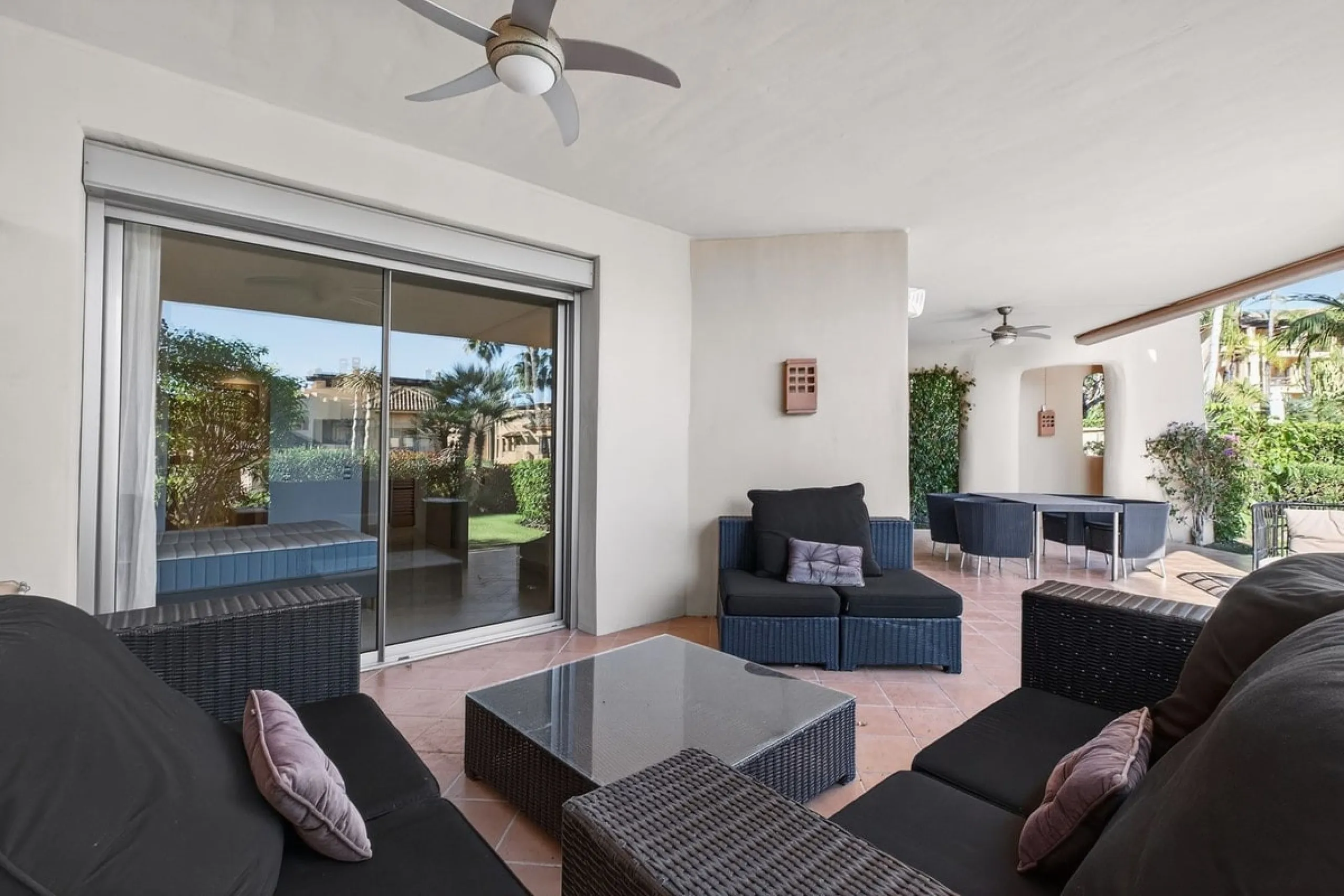 This south-east facing garden apartment is located in the well-known gated community of Mansion Club, on Marbella's Golden Mile. The area is valued for its privacy, security, and convenient access to the beach, restaurants, shops, and some of Marbella's m
