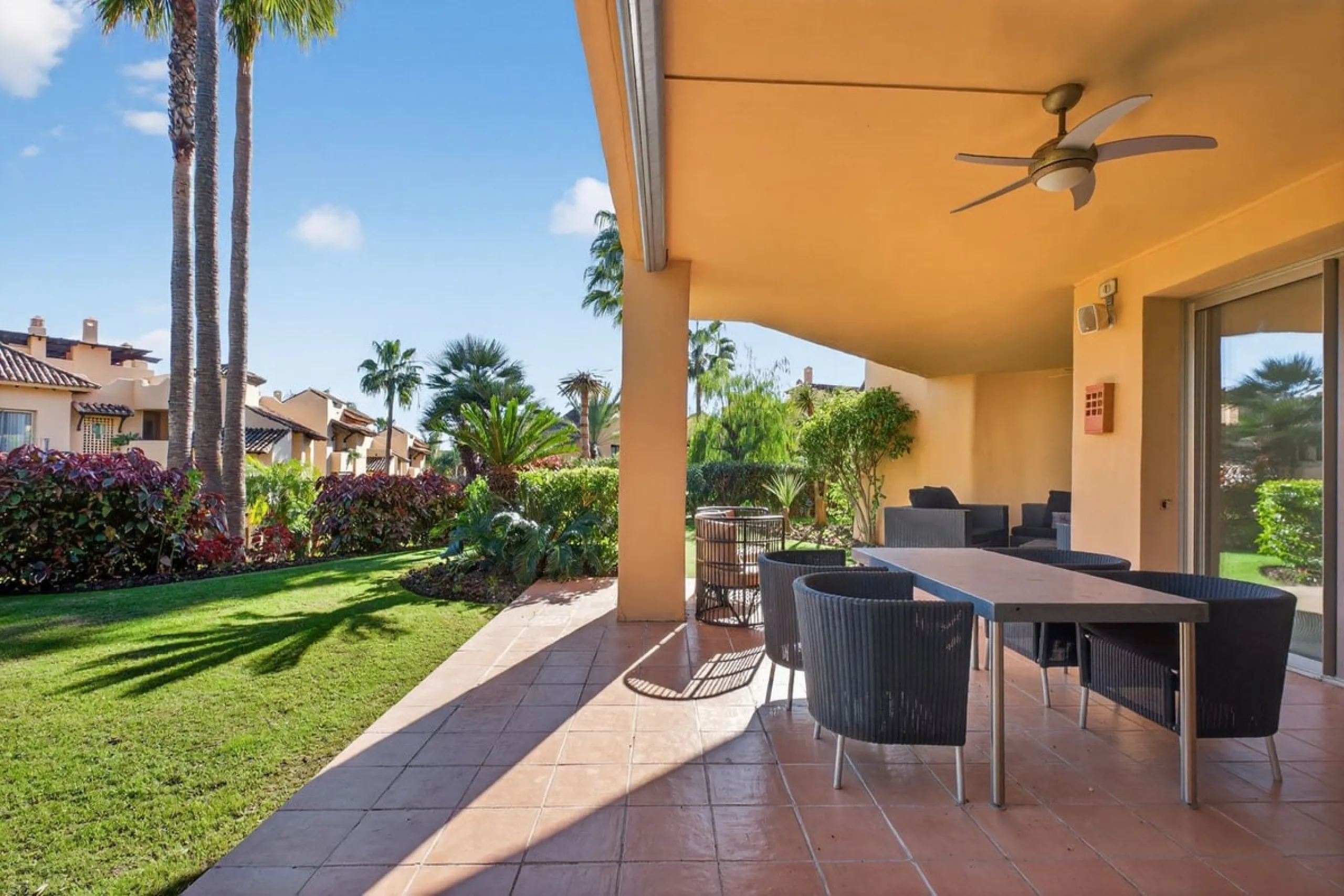 This south-east facing garden apartment is located in the well-known gated community of Mansion Club, on Marbella's Golden Mile. The area is valued for its privacy, security, and convenient access to the beach, restaurants, shops, and some of Marbella's m