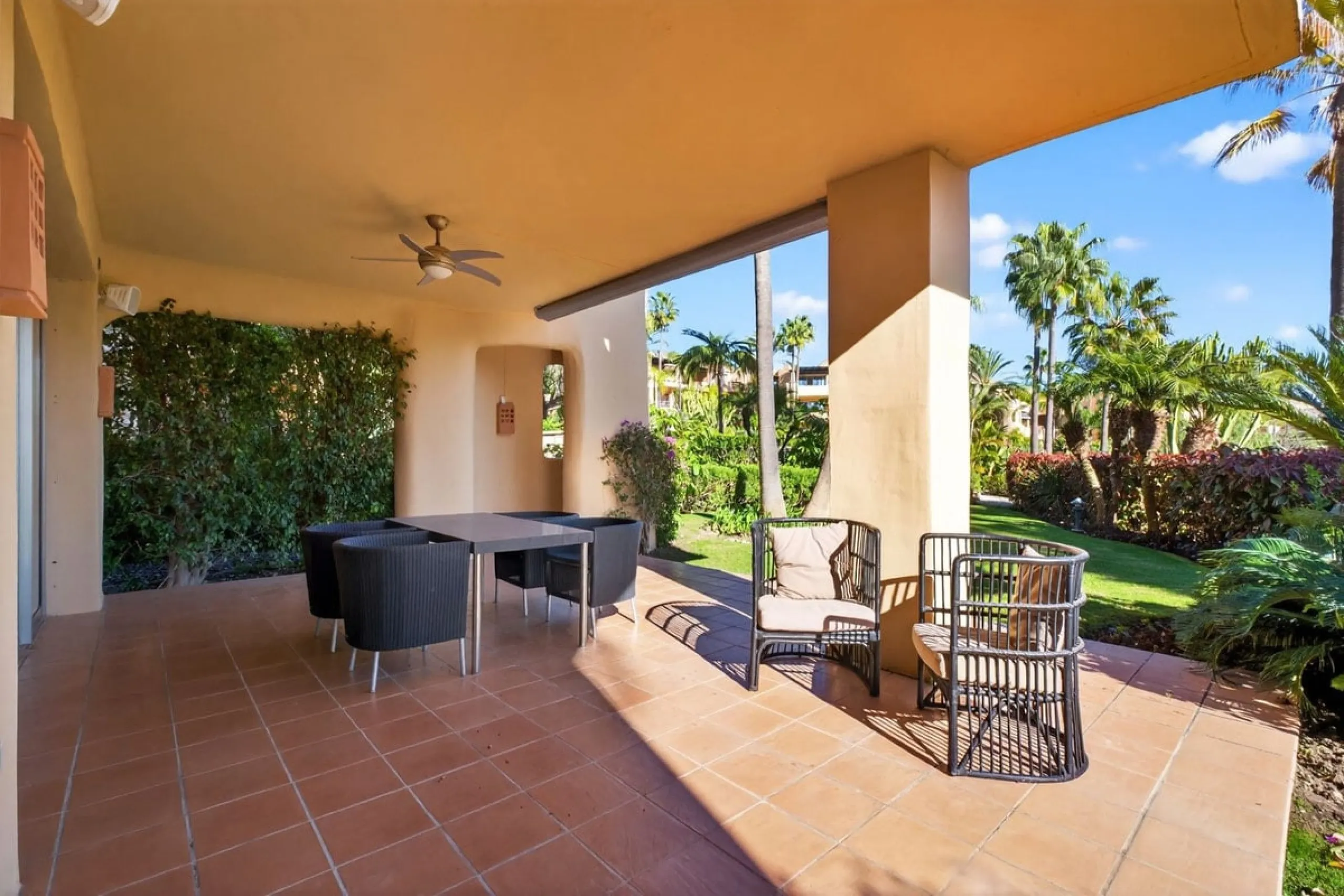 This south-east facing garden apartment is located in the well-known gated community of Mansion Club, on Marbella's Golden Mile. The area is valued for its privacy, security, and convenient access to the beach, restaurants, shops, and some of Marbella's m
