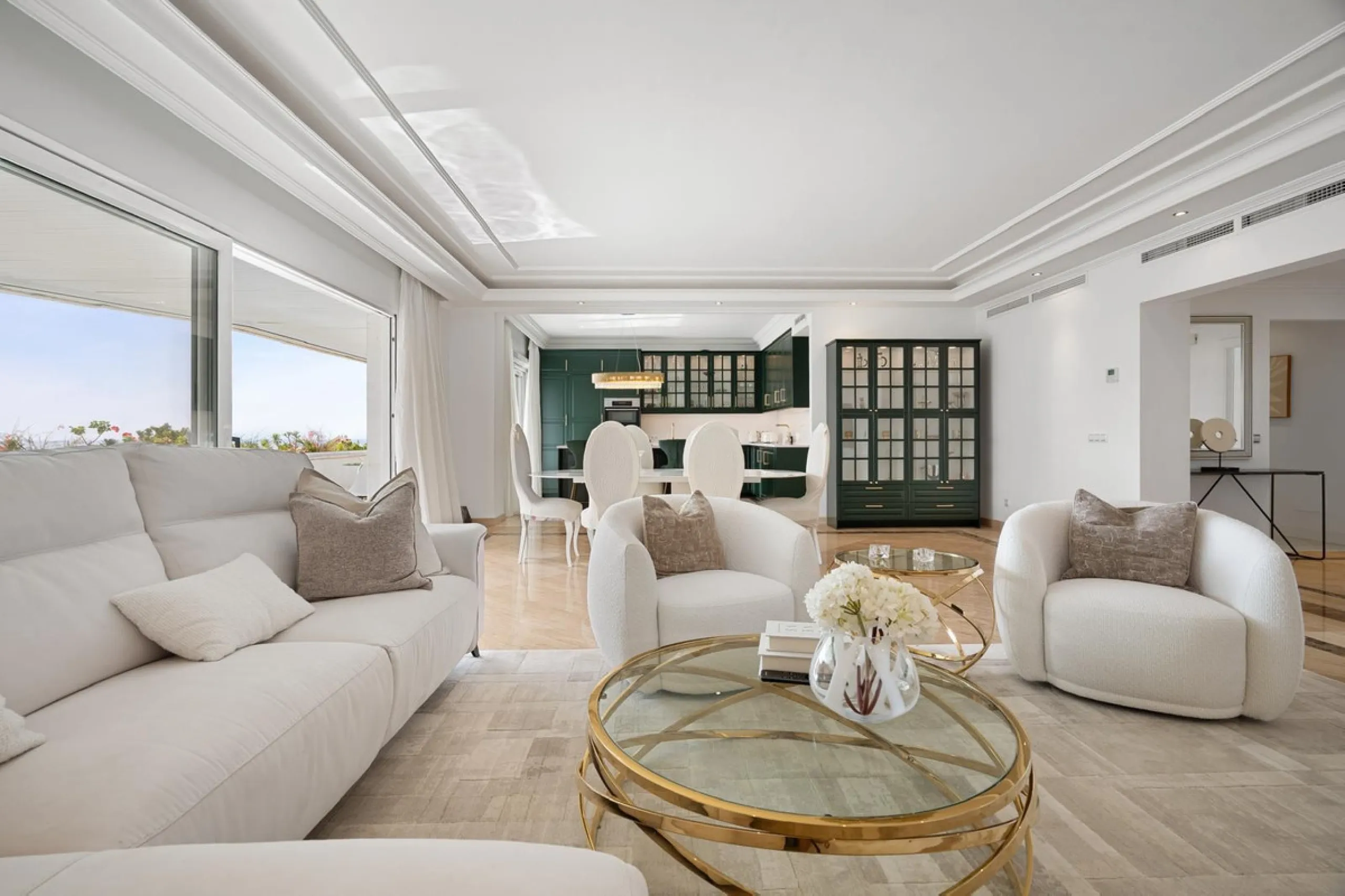 Available for short-term stays, this impressive top-floor apartment offers a rare combination of space, comfort, and security within an exclusive gated complex. With three bedrooms and five bathrooms, the property is perfectly suited for families or group