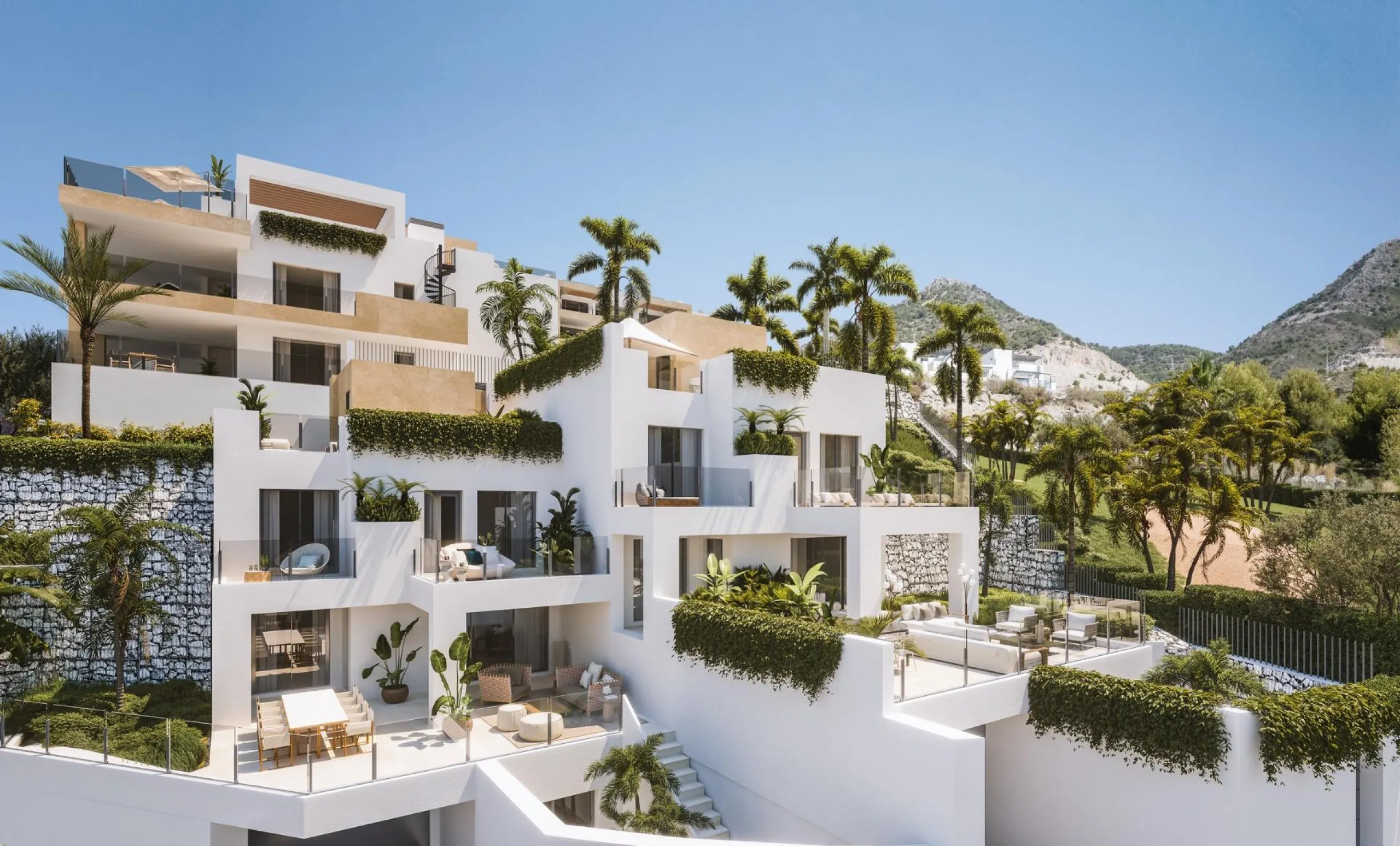 Exclusive private urbanisation, with a privileged location in Benalmádena. Due to its elevated location on the slope of the land, each and every one of the 2 and 3 bedroom properties, and 2 townhouses, enjoy incredible views of the sea and the coast. Unde