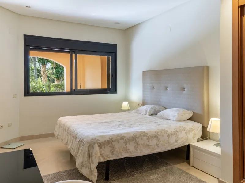Very private South West facing garden apartment in this prestigious beachside development just meters from the sea only a short stroll to Puerto Banus. This 2 bed 2 bathroom 120m2 apartment has covered and uncovered terraces of 40m2 plus a private garden 