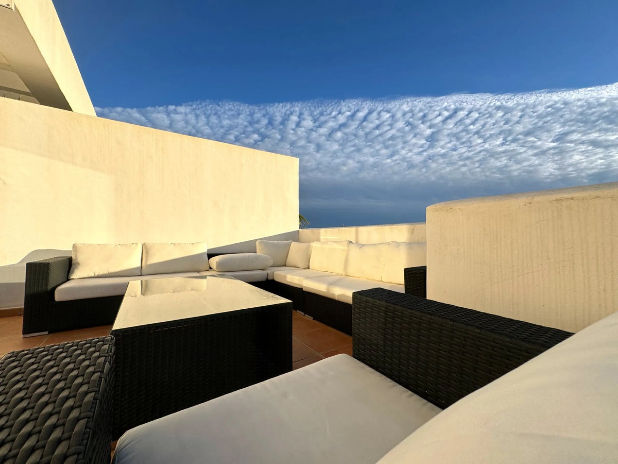 Accommodation for up to 4 guests is provided in a fully air-conditioned penthouse apartment with two double bedrooms, two bathrooms, a fully equipped kitchen with modern appliances, and a spacious living room. The 200 m² apartment includes a large terrace
