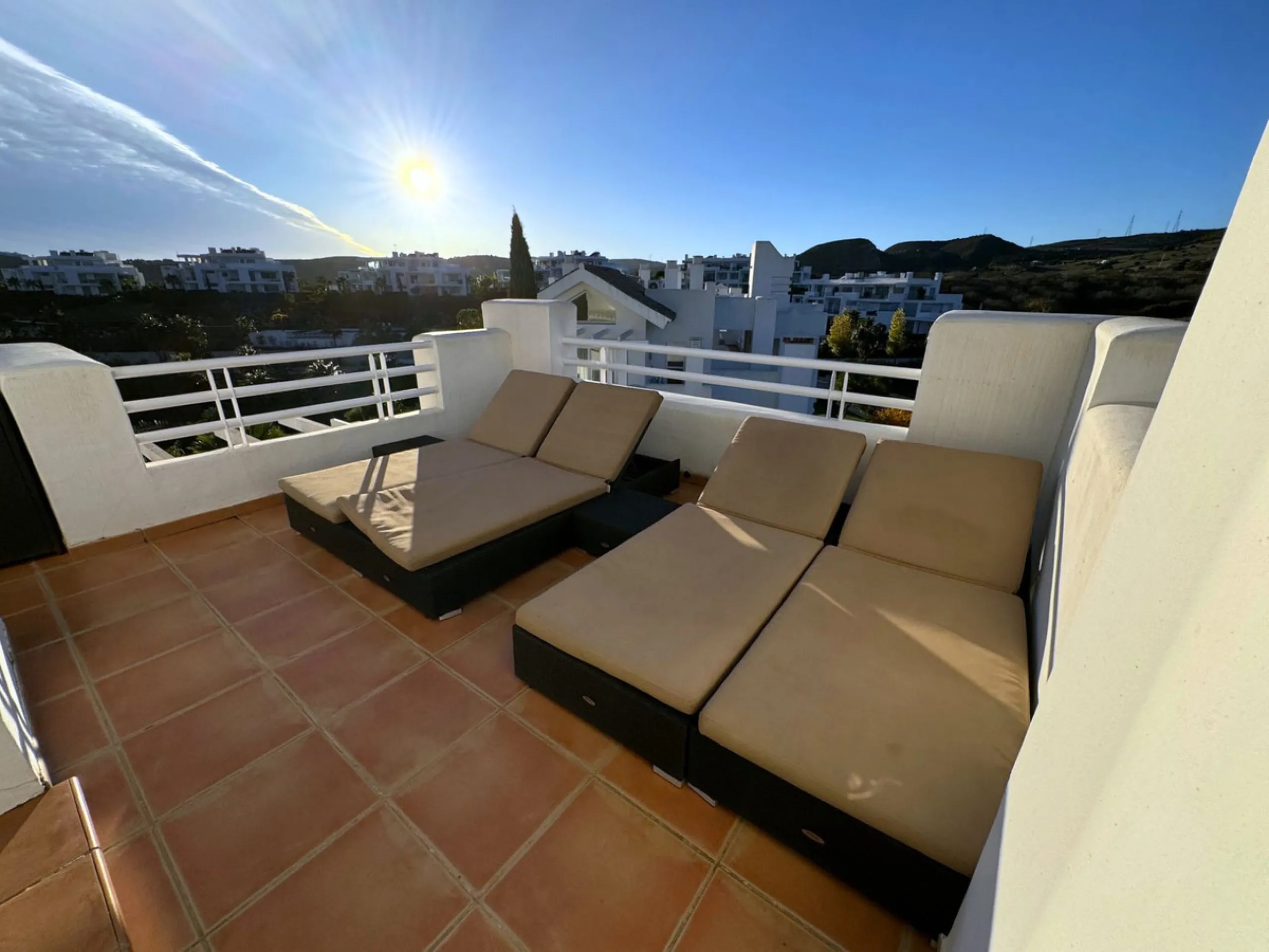 Accommodation for up to 4 guests is provided in a fully air-conditioned penthouse apartment with two double bedrooms, two bathrooms, a fully equipped kitchen with modern appliances, and a spacious living room. The 200 m² apartment includes a large terrace