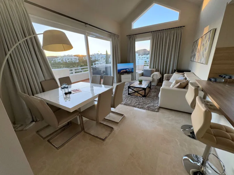 Accommodation for up to 4 guests is provided in a fully air-conditioned penthouse apartment with two double bedrooms, two bathrooms, a fully equipped kitchen with modern appliances, and a spacious living room. The 200 m² apartment includes a large terrace