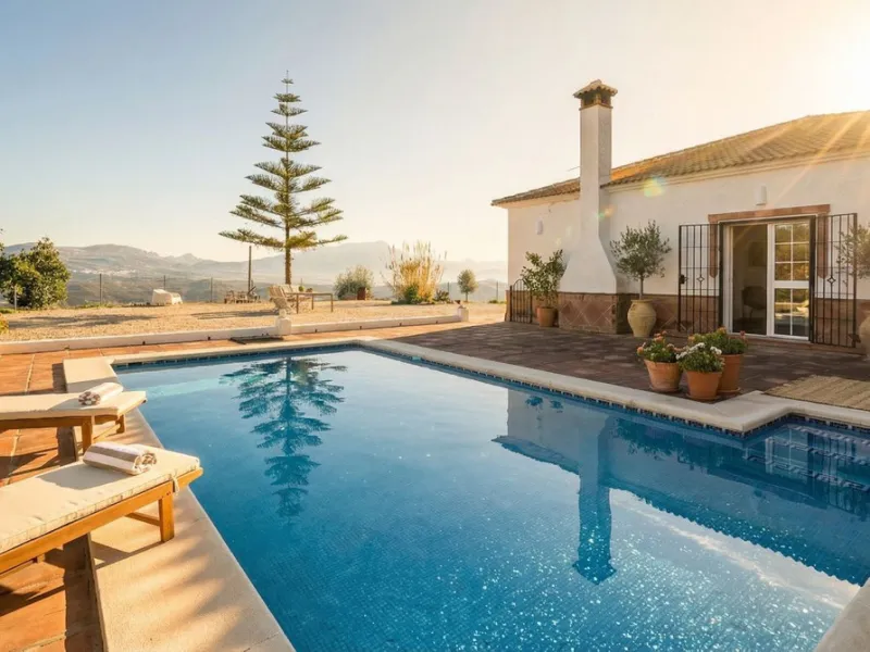 This charming single-storey detached villa with private pool, outdoor kitchen and panoramic views towards La Maroma is priced at €399,000 and is located near Colmenar in the Axarquía region. The property is set in a peaceful, green environment with good a