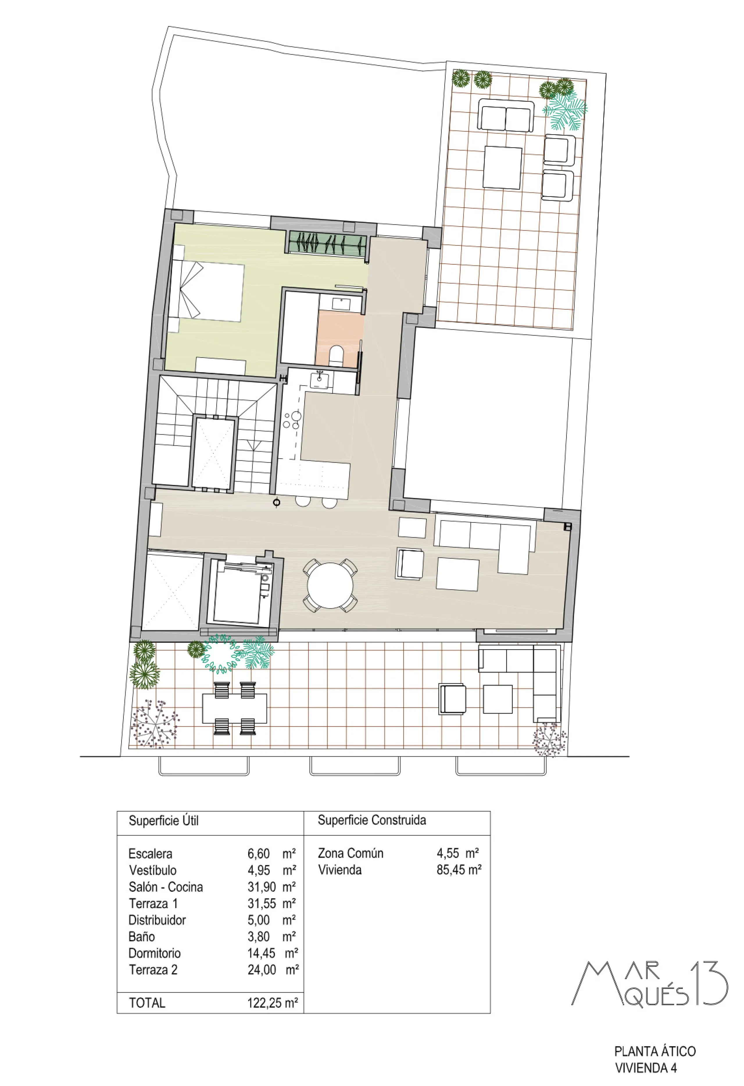 This stunning penthouse is located in a charming four-storey building constructed in 2021, right in the heart of Malaga's Historic Centre. With 122 m² of built area and two terraces totaling 52 m², the property boasts a sleek contemporary design and high-