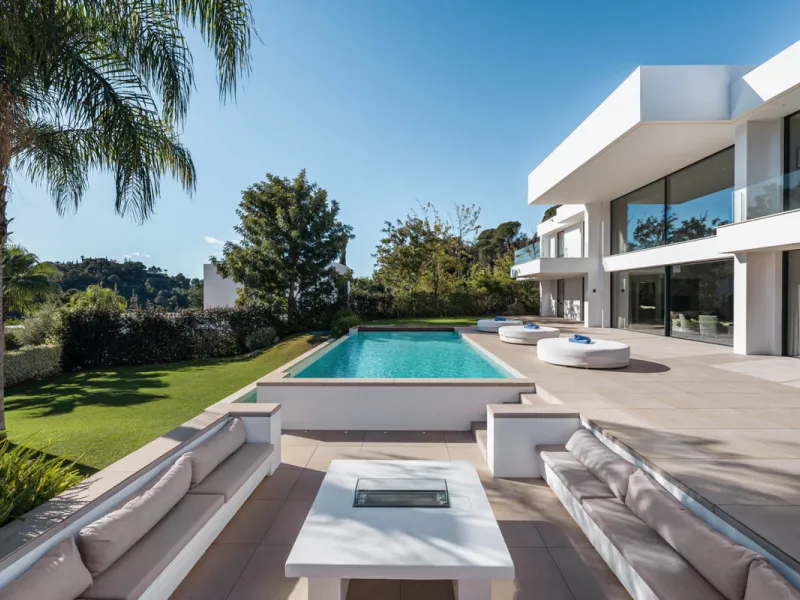 Designed by a distinguished architect, this villa is spread over two levels with an impressive built area. It features five luxurious bedrooms, each with its ensuite bathroom, an additional guest toilet, and a guest apartment that matches the main villa's