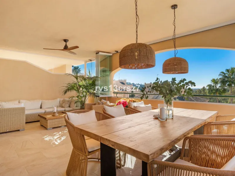 Spacious, recently renovated 3-bedroom apartment in one of the most beautiful and safest urbanizations in Elviria, "St. Maria Village." A 24-hour security community just 5 minutes from the beach, it features several swimming pools and a large, beautifully